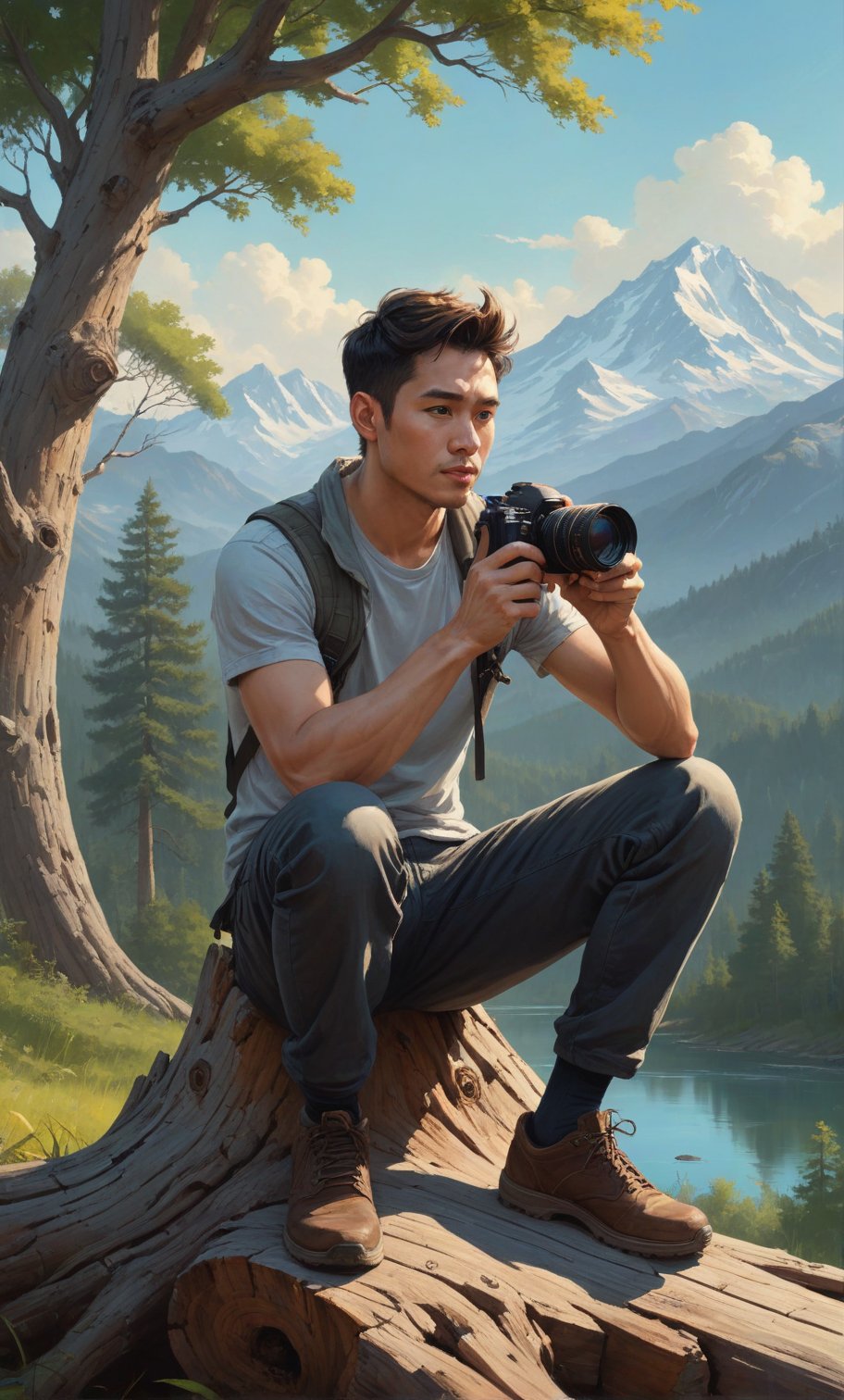 painting of a man sitting on a log with a camera, animal, inspired by Rudy Siswanto, high quality portrait, digital painting highly detailed, realism artstyle, cyril rolando and goro fujita, by Rudy Siswanto, realism art, enviromental portrait, (looking at viewer), traditional art, background mountain, inspired by Jeremy Chong, inspired by Jason Chan