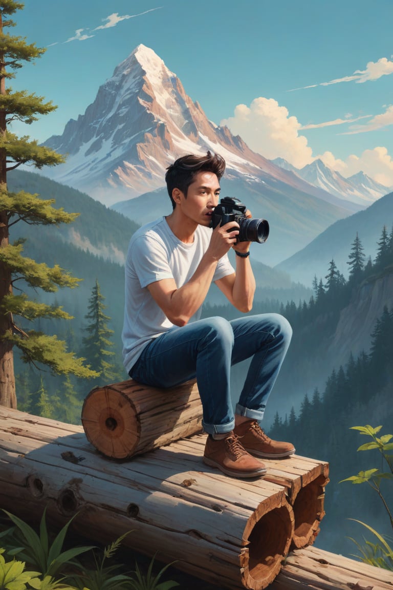 painting of a man sitting on a log with a camera, animal, inspired by Rudy Siswanto, high quality portrait, digital painting highly detailed, realism artstyle, cyril rolando and goro fujita, by Rudy Siswanto, realism art, enviromental portrait, (looking at viewer), traditional art, background mountain, inspired by Jeremy Chong, inspired by Jason Chan