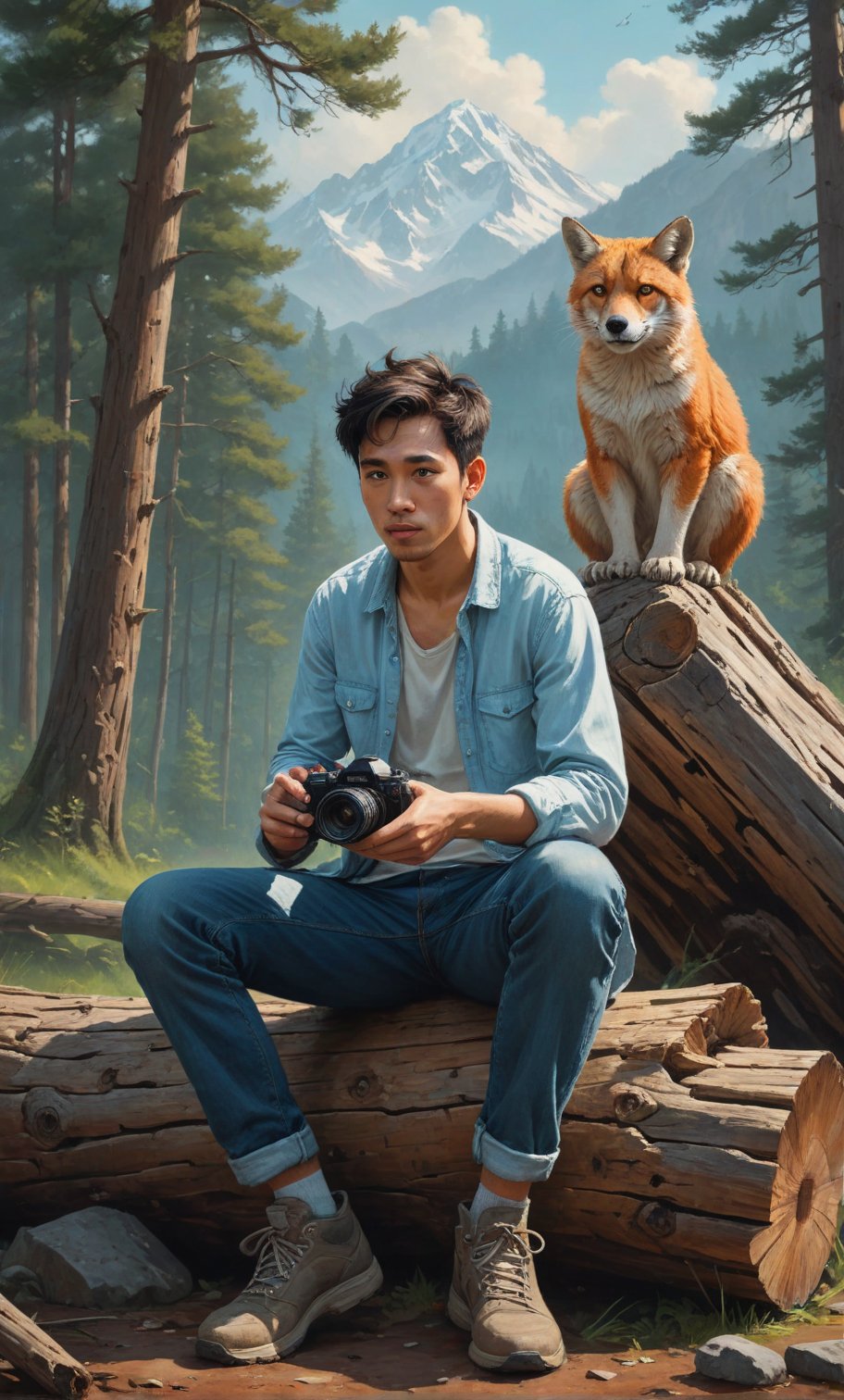 painting of a man sitting on a log with a camera, animal, inspired by Rudy Siswanto, high quality portrait, digital painting highly detailed, realism artstyle, cyril rolando and goro fujita, by Rudy Siswanto, realism art, enviromental portrait, (looking at viewer), traditional art, background mountain, inspired by Jeremy Chong, inspired by Jason Chan