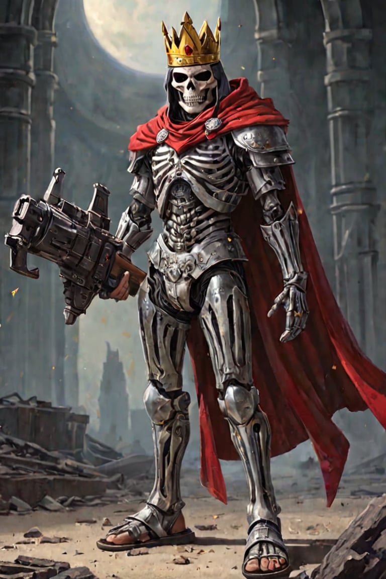 solo, 1boy, holding, standing, weapon, male focus, broken cape, holding weapon, armor, ((sandals)), crown, huge weapon,morning star,(( skeleton face)),  crusader armor, ((full body plate)), 