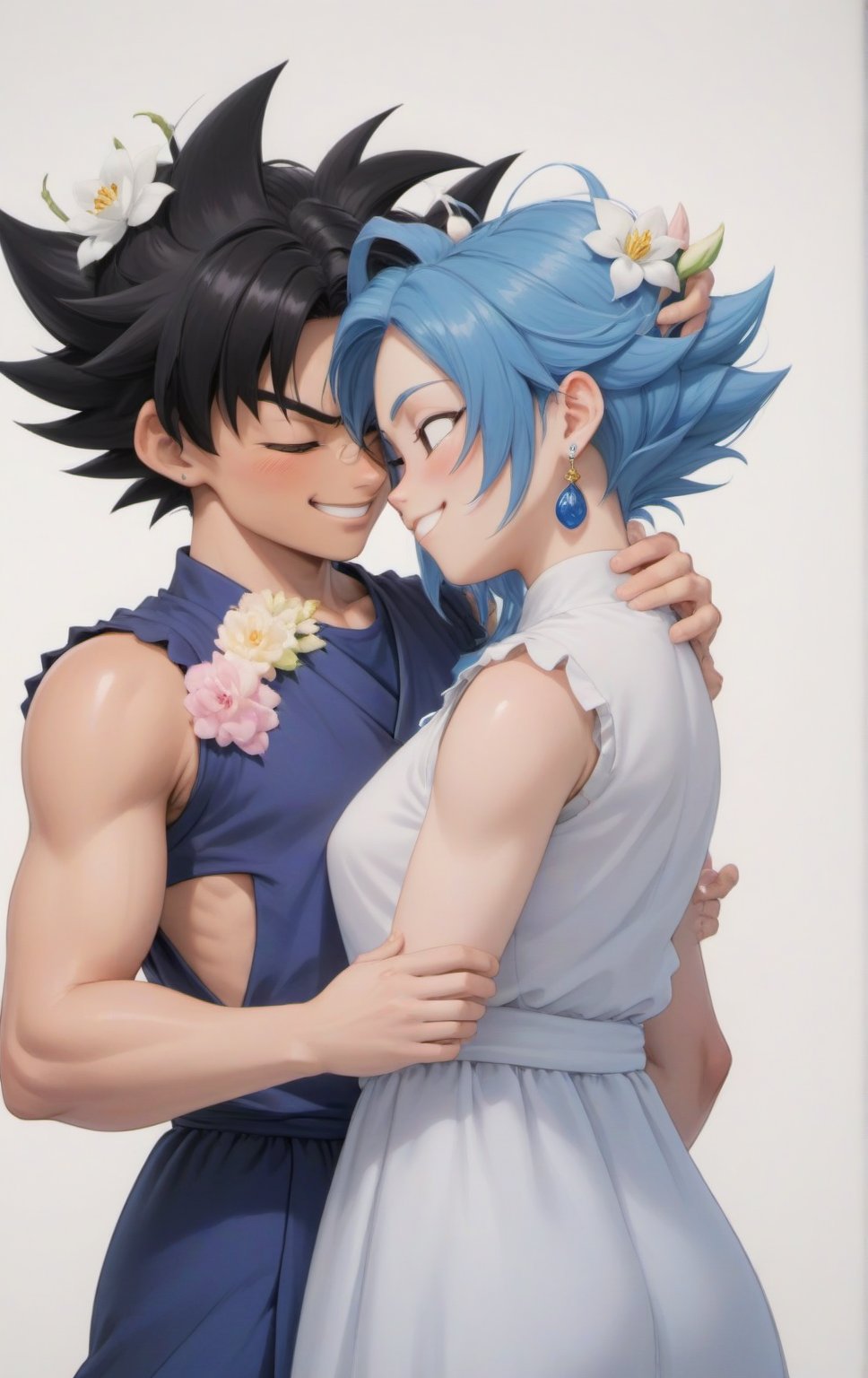 1girl, smile, short hair, simple background, black hair, 1boy, white background, dress, jewelry, closed eyes, upper body, flower, hetero, earrings, sleeveless, looking at another, black eyes, bare arms, eyelashes, profile, rose, chinese clothes, happy, couple, white flower, spiked hair, backlighting, blue flower, blue rose, white rose, dougi, ((goku)), chi-chi \(dragon ball\), hug, romantic, 