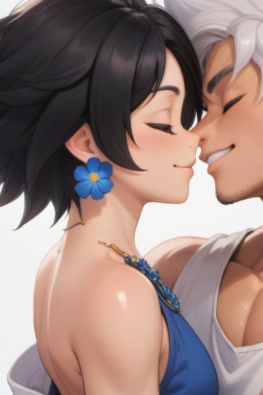 1girl, smile, short hair, simple background, black hair, 1boy, white background, dress, jewelry, closed eyes, upper body, flower, hetero, earrings, sleeveless, looking at another, black eyes, bare arms, eyelashes, profile, rose, chinese clothes, happy, couple, white flower, spiked hair, backlighting, blue flower, blue rose, white rose, dougi, ((goku)), chi-chi \(dragon ball\), kissing