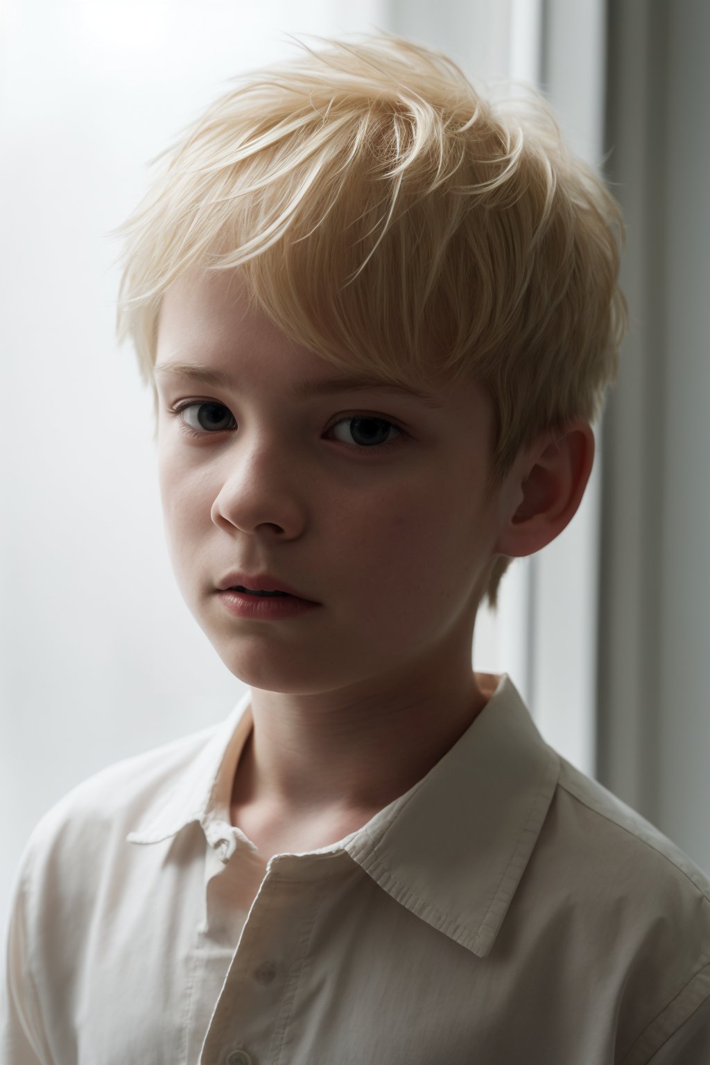 1BOY, BOY FOCUS, 13 year old boy with blonde hair, his hair is divided in front from center to both sides, hair front separated in two sides, OPEN SHIRT,Realism