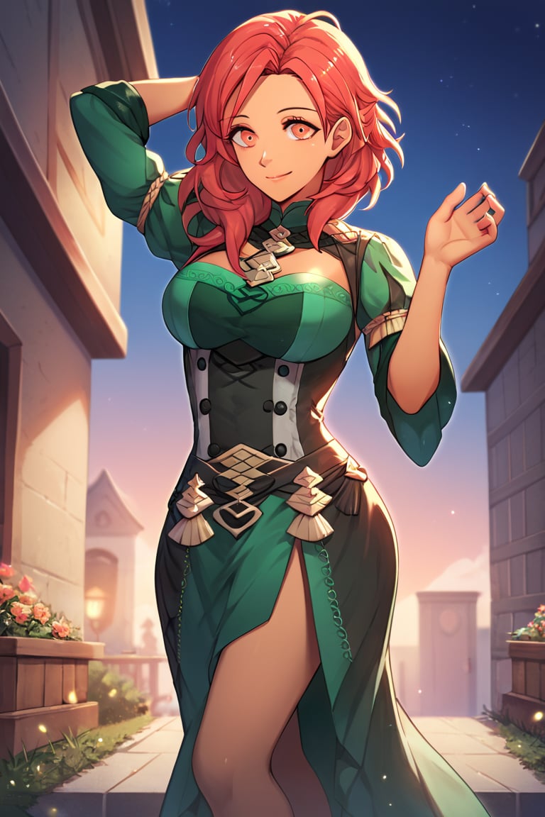 Score_9, Score_8_up, Score_7_up, Score_6_up, source_anime BREAK 1girl, warAnne, 25 year old girl, short hair, wavy hair, red hair, red hair, big breasts, fit body, wide hips, green dress, elegant dress, Hapi \(fire emblem three houses\), smiling with closed mouth, adult face, detailed NIGHT in background, happy, smiling, in a building, hands in the air, dark skinned body, at night