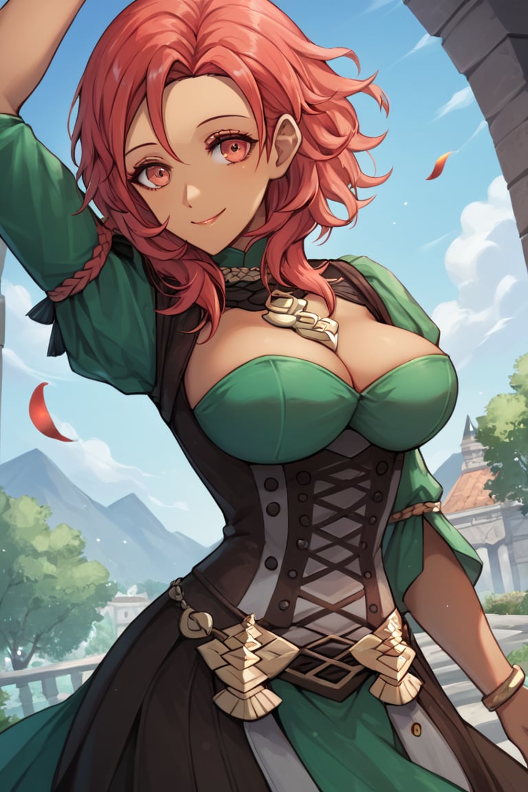 Score_9, Score_8_up, Score_7_up, Score_6_up, source_anime BREAK 1girl, warAnne, 25 year old girl, short hair, wavy hair, red hair, red hair, big breasts, fit body, wide hips, green dress, elegant dress, Hapi \(fire emblem three houses\), smiling with closed mouth, adult face, detailed night mountain in background, happy, smiling, in a building, hands in the air, dark skinned body