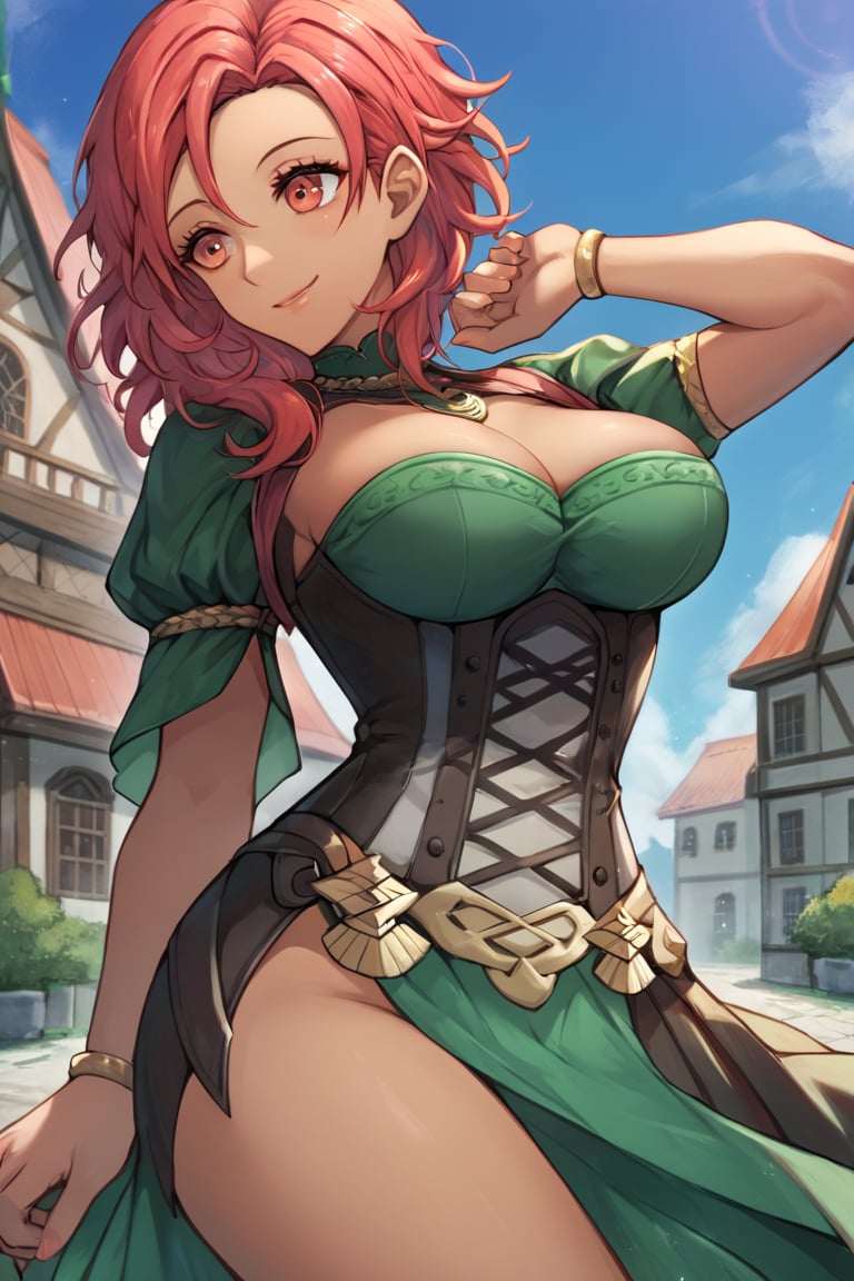 Score_9, Score_8_up, Score_7_up, Score_6_up, source_anime BREAK 1girl, warAnne, 25 year old girl, short hair, wavy hair, red hair, red hair, big breasts, fit body, wide hips, green dress, elegant dress, short dress, Hapi \(fire emblem three houses\), smiling with closed mouth, adult face, detailed NIGHT in background, happy, smiling, in a building, hands in the air, dark skinned body