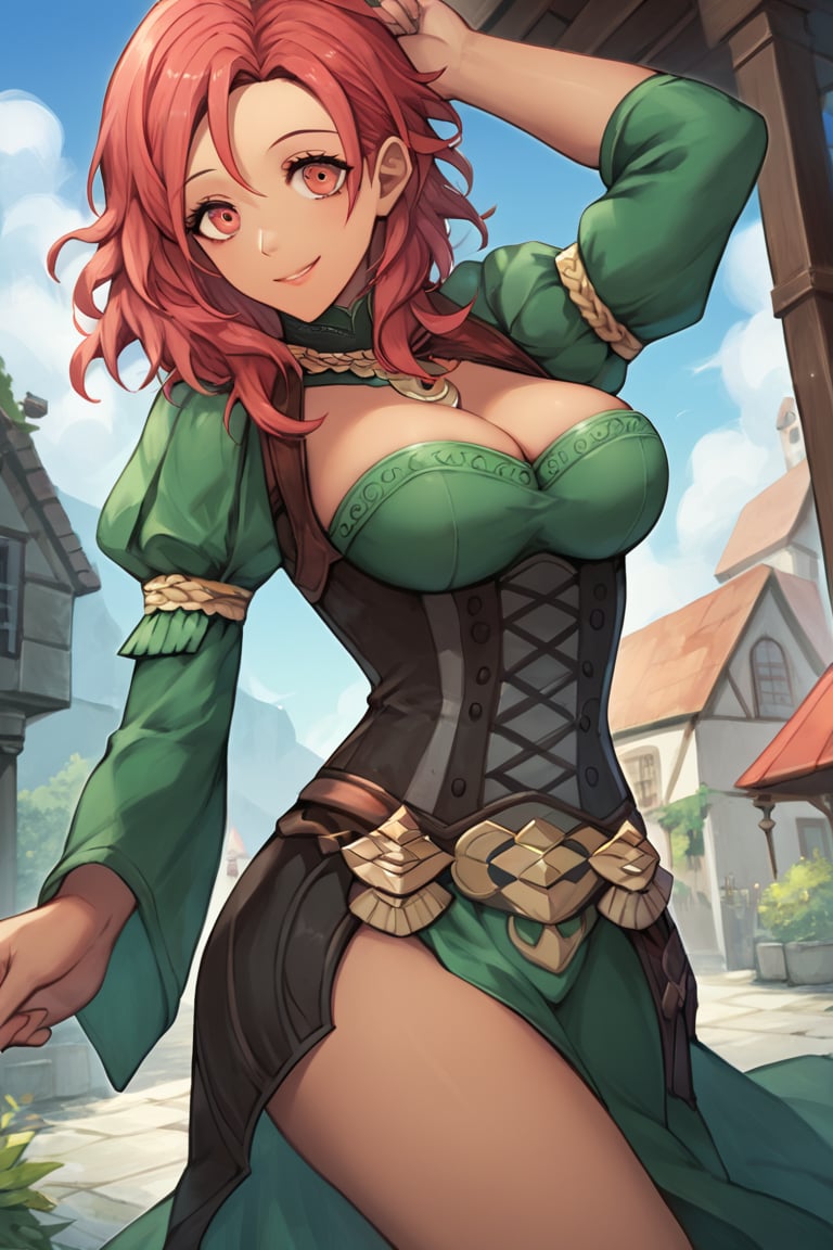 Score_9, Score_8_up, Score_7_up, Score_6_up, source_anime BREAK 1girl, warAnne, 25 year old girl, short hair, wavy hair, red hair, red hair, big breasts, fit body, wide hips, green dress, elegant dress, short dress, Hapi \(fire emblem three houses\), smiling with closed mouth, adult face, detailed NIGHT in background, happy, smiling, in a building, hands in the air, dark skinned body