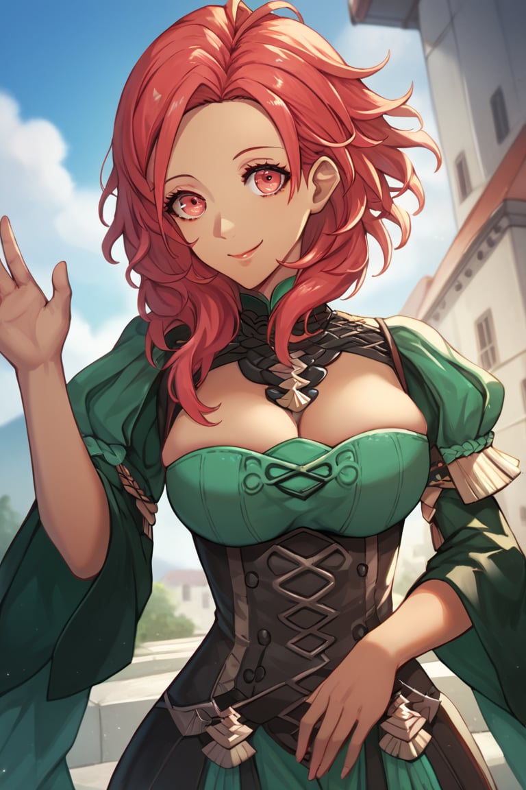 Score_9, Score_8_up, Score_7_up, Score_6_up, source_anime BREAK 1girl, warAnne, 25 year old girl, short hair, wavy hair, red hair, red hair, big breasts, fit body, wide hips, green dress, elegant dress, Hapi \(fire emblem three houses\), smiling with closed mouth, adult face, detailed night mountain in background, happy, smiling, in a building, hands in the air, dark skinned body