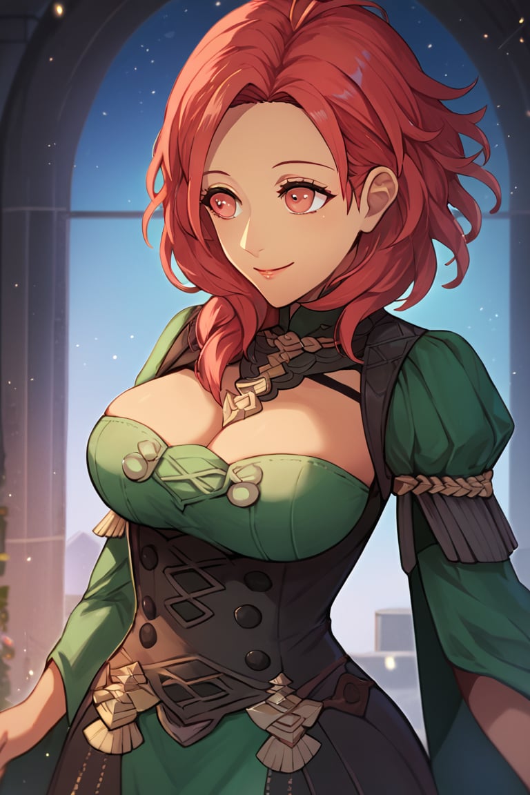 Score_9, Score_8_up, Score_7_up, Score_6_up, source_anime BREAK 1girl, warAnne, 25 year old girl, short hair, wavy hair, red hair, red hair, big breasts, fit body, wide hips, green dress, elegant dress, Hapi \(fire emblem three houses\), smiling with closed mouth, adult face, detailed NIGHT in background, happy, smiling, in a building, hands in the air, dark skinned body, at night