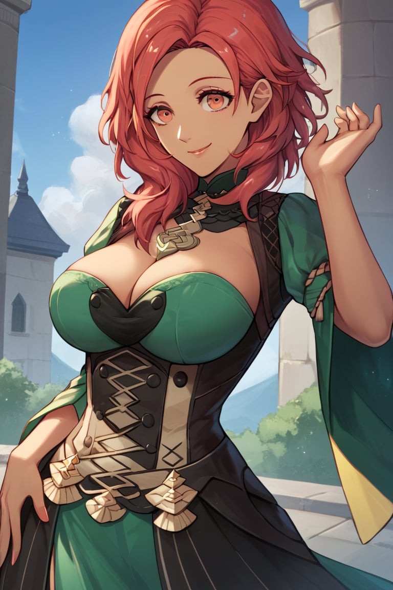 Score_9, Score_8_up, Score_7_up, Score_6_up, source_anime BREAK 1girl, warAnne, 25 year old girl, short hair, wavy hair, red hair, red hair, big breasts, fit body, wide hips, green dress, elegant dress, Hapi \(fire emblem three houses\), smiling with closed mouth, adult face, detailed night mountain in background, happy, smiling, in a building, hands in the air, dark skinned body