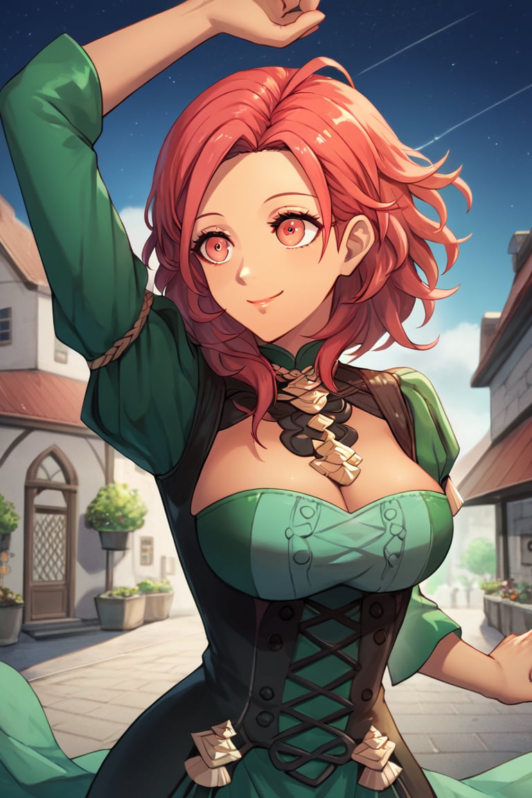 Score_9, Score_8_up, Score_7_up, Score_6_up, source_anime BREAK 1girl, warAnne, 25 year old girl, short hair, wavy hair, red hair, red hair, big breasts, fit body, wide hips, green dress, elegant dress, Hapi \(fire emblem three houses\), smiling with closed mouth, adult face, detailed NIGHT in background, happy, smiling, in a building, hands in the air, dark skinned body, at night