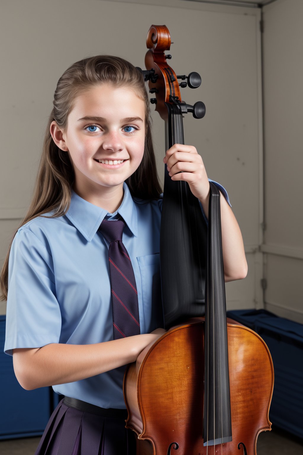 high school student,girl,school uniform,carrying a case of cello,in the performance room ,Best Quality, 32k, photorealistic, ultra-detailed, finely detailed, high resolution, perfect dynamic composition, beautiful detailed eyes, sharp-focus, cowboy_shot,