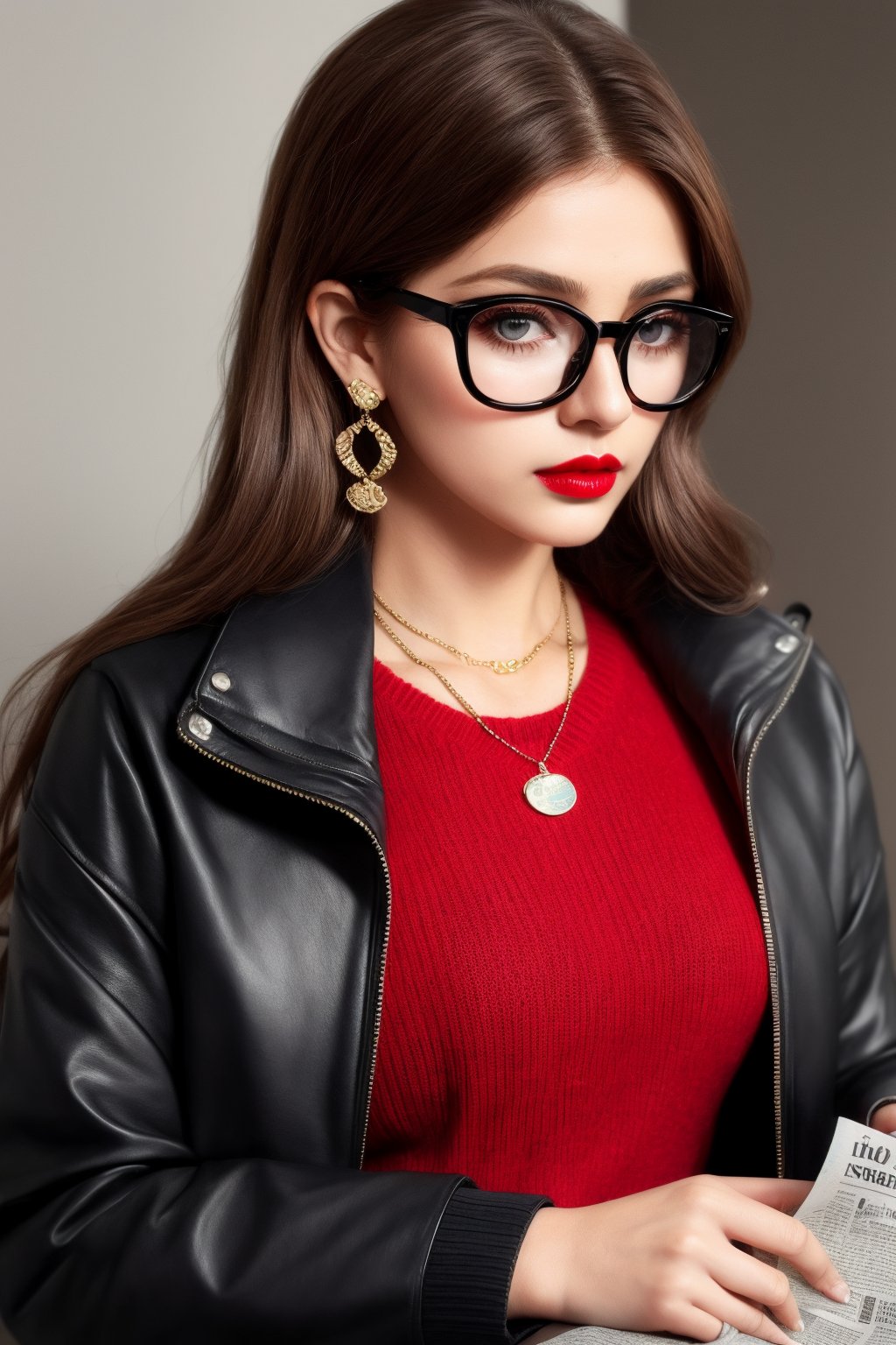  newspaper wall, glasses, parted lips, looking over eyewear, black jacket, jewelry, long hair, jacket, red shirt, solo, upper body, brown hair, 1girl, necklace, earrings, red sweater, looking at viewer, red-tinted eyewear, sweater, red jacket, red lips,Tiny ,Indian 