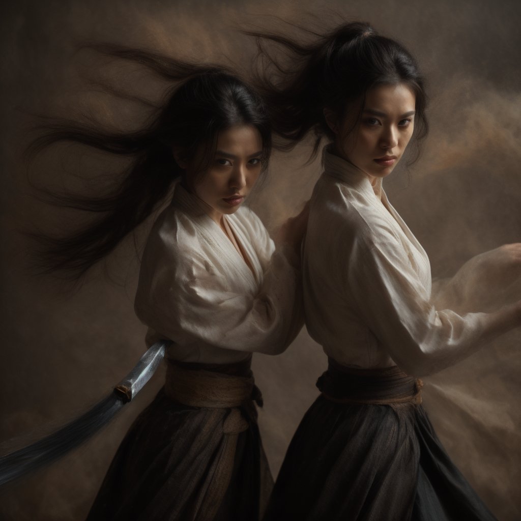 A masterpiece of photorealistic artistry captures two stunning 21-year-old girls with traditional Chinese hairstyles, their long black hair blowing gently in the wind as they stand side by side, surrounded by a serene ancient Chinese city street. One girl, dressed in a light blue skirt and bellyband, holds a Chinese sword while wearing a ponytail and swinging her weapon in precise martial arts moves, such as lunges and jumps. Her opponent, similarly attired, wields a sword with finesse, their movements clearly visible through the use of a wide-angle lens and movie-like photography. The girls' features are flawlessly rendered, showcasing thin yet athletic physiques, pink lips, long eyelashes, and large eyes that seem to pierce through the image. The background, a blurred mixture of Chinese architecture and lush greenery, serves as a stunning contrast to the vibrant colors of the subject's hair accessories and the flowing ink-like smoke that surrounds them.