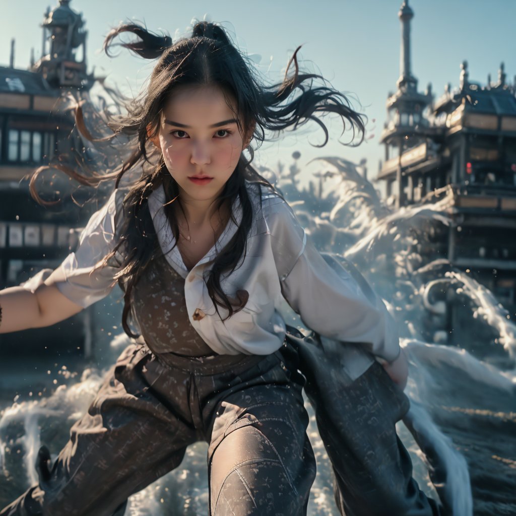 (RAW, Masterpiece, Best Quality, Photorealistic, HD, 8K), (1girl:1.4) 21 years old, black hair, long hair, hair blowing in the wind, dressed in white loose fitting chinese kungfu jacket and pants set, martial arts, Long eyelashes, correct human body structure, standard female figure, (athletic.1.2), very bright big eyes, fine hair, large pores , medium breasts, the girl is leaping across onto paris tower, olympic logo,  martial arts moves, jumping , lunge, flying. movements clearly visible. Large wide angle lens, movie lens, real photo, Full body photo, Kung fu moves,xuer flies over