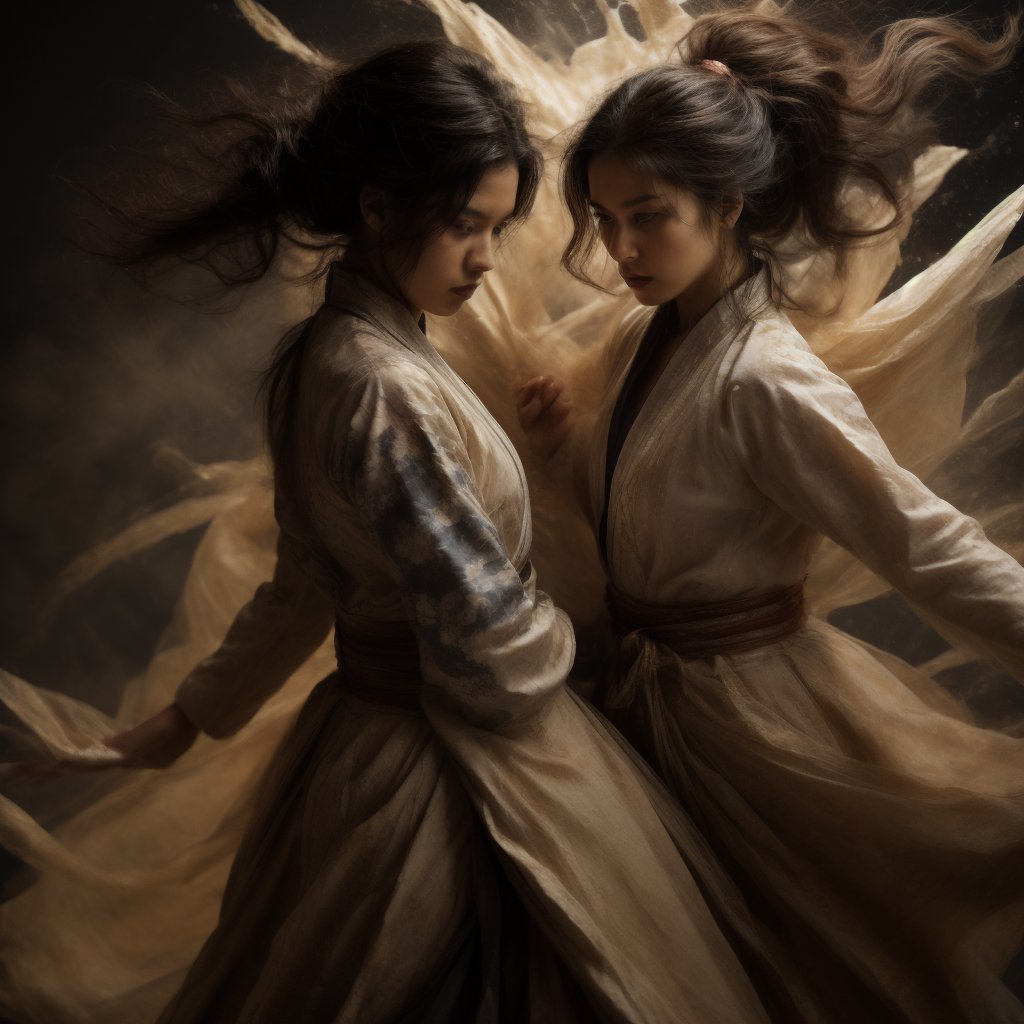 A masterpiece of photorealistic artistry captures two stunning 21-year-old girls with traditional Chinese hairstyles, their long black hair blowing gently in the wind as they stand side by side, surrounded by a serene ancient Chinese city street. One girl, dressed in a light blue skirt and bellyband, holds a Chinese sword while wearing a ponytail and swinging her weapon in precise martial arts moves, such as lunges and jumps. Her opponent, similarly attired, wields a sword with finesse, their movements clearly visible through the use of a wide-angle lens and movie-like photography. The girls' features are flawlessly rendered, showcasing thin yet athletic physiques, pink lips, long eyelashes, and large eyes that seem to pierce through the image. The background, a blurred mixture of Chinese architecture and lush greenery, serves as a stunning contrast to the vibrant colors of the subject's hair accessories and the flowing ink-like smoke that surrounds them.