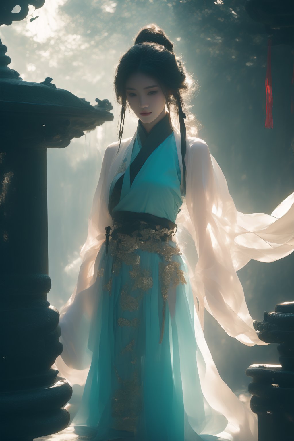 light blue black white and gold colored see-through hanfu skirt with intricate patterns and motif