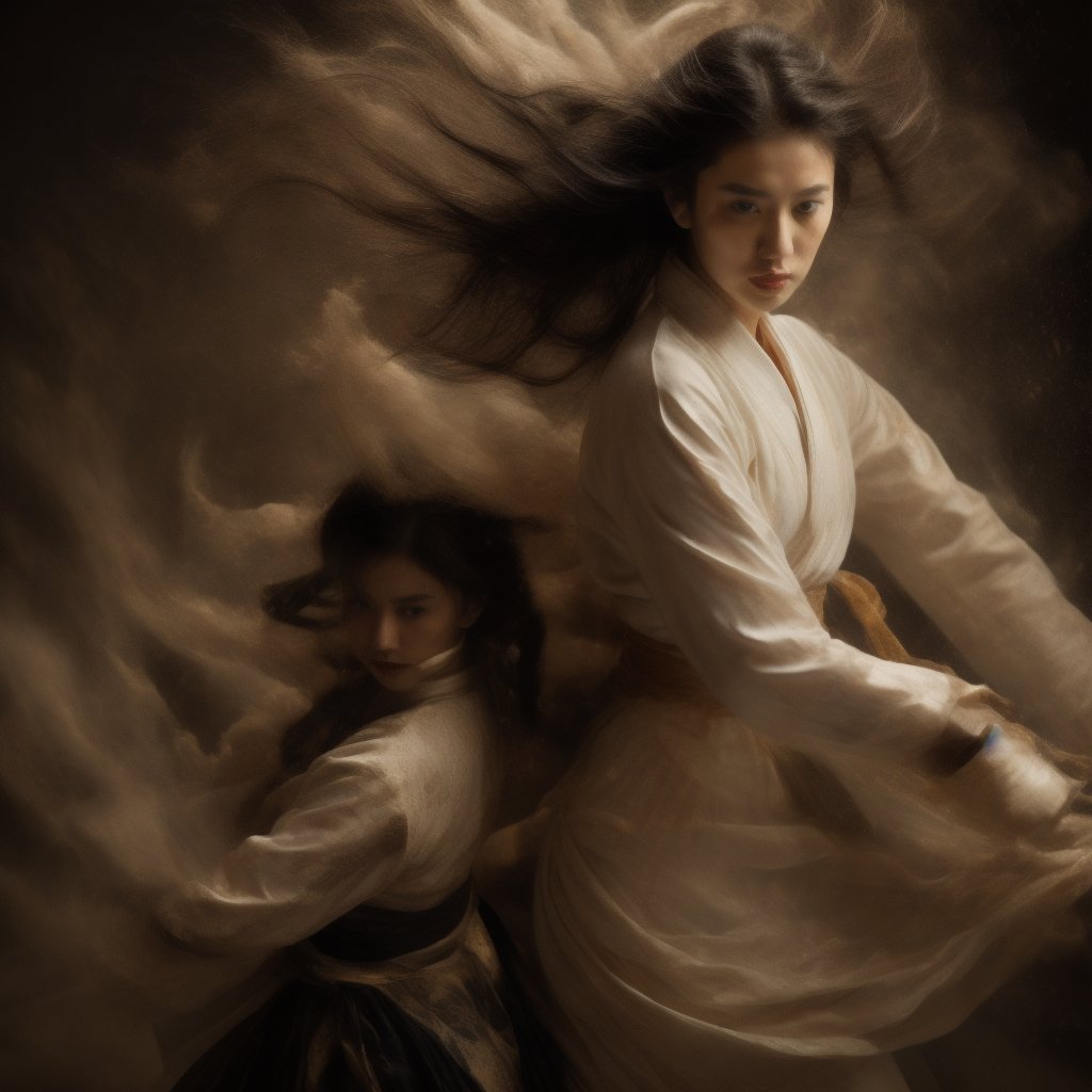 A masterpiece of photorealistic artistry captures two stunning 21-year-old girls with traditional Chinese hairstyles, their long black hair blowing gently in the wind as they stand side by side, surrounded by a serene ancient Chinese city street. One girl, dressed in a light blue skirt and bellyband, holds a Chinese sword while wearing a ponytail and swinging her weapon in precise martial arts moves, such as lunges and jumps. Her opponent, similarly attired, wields a sword with finesse, their movements clearly visible through the use of a wide-angle lens and movie-like photography. The girls' features are flawlessly rendered, showcasing thin yet athletic physiques, pink lips, long eyelashes, and large eyes that seem to pierce through the image. The background, a blurred mixture of Chinese architecture and lush greenery, serves as a stunning contrast to the vibrant colors of the subject's hair accessories and the flowing ink-like smoke that surrounds them.