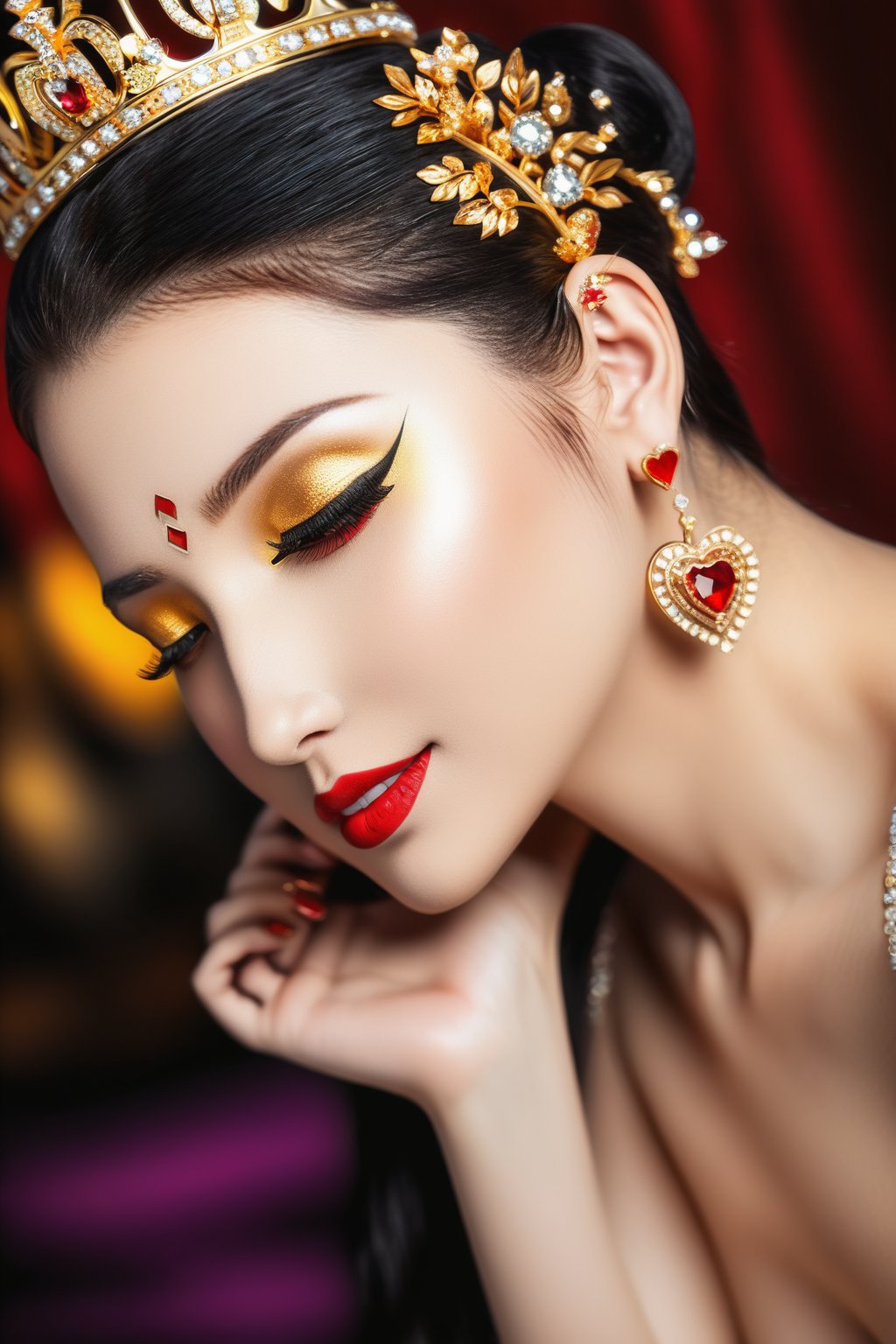 close up side profile of a beautiful woman's face, the woman has a mysterious smile, she holds 5 poker cards fanned out near  her face showing that the 5 cards all to be king of hearts, the cards are made of a luxurious golden material, on one ear she wears a prominent earring made of gold and shiny gemstones that spells out "Thanks", Her head is turned slightly such that the the earring wiht "Thanks" cane be clearly seen, she is wearing make up and red nail polish that accentuates her beauty, (Best Quality), (HDR: 1.4), 16K, Masterpiece, (Vivid Color: 1.4), Rich Clours, Gamma 2.0, High Contrast, Fine details and textures, cosy intimate atmosphere, Warm colors, (intense: 1.2), rim lighting,Movie Still