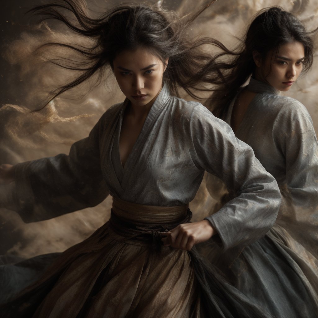 A masterpiece of photorealistic artistry captures two stunning 21-year-old girls with traditional Chinese hairstyles, their long black hair blowing gently in the wind as they stand side by side, surrounded by a serene ancient Chinese city street. One girl, dressed in a light blue skirt and bellyband, holds a Chinese sword while wearing a ponytail and swinging her weapon in precise martial arts moves, such as lunges and jumps. Her opponent, similarly attired, wields a sword with finesse, their movements clearly visible through the use of a wide-angle lens and movie-like photography. The girls' features are flawlessly rendered, showcasing thin yet athletic physiques, pink lips, long eyelashes, and large eyes that seem to pierce through the image. The background, a blurred mixture of Chinese architecture and lush greenery, serves as a stunning contrast to the vibrant colors of the subject's hair accessories and the flowing ink-like smoke that surrounds them.