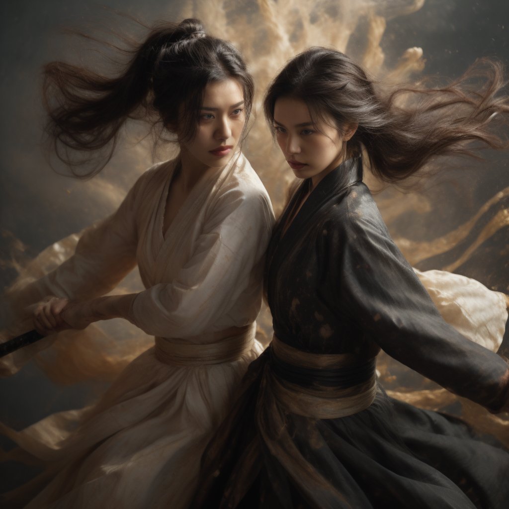 A masterpiece of photorealistic artistry captures two stunning 21-year-old girls with traditional Chinese hairstyles, their long black hair blowing gently in the wind as they stand side by side, surrounded by a serene ancient Chinese city street. One girl, dressed in a light blue skirt and bellyband, holds a Chinese sword while wearing a ponytail and swinging her weapon in precise martial arts moves, such as lunges and jumps. Her opponent, similarly attired, wields a sword with finesse, their movements clearly visible through the use of a wide-angle lens and movie-like photography. The girls' features are flawlessly rendered, showcasing thin yet athletic physiques, pink lips, long eyelashes, and large eyes that seem to pierce through the image. The background, a blurred mixture of Chinese architecture and lush greenery, serves as a stunning contrast to the vibrant colors of the subject's hair accessories and the flowing ink-like smoke that surrounds them.