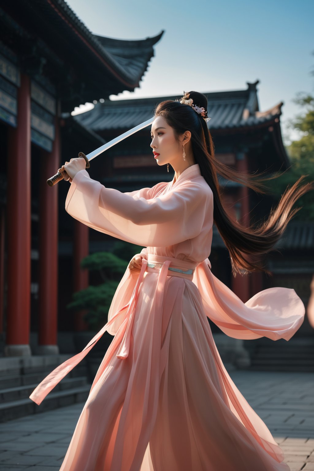 A masterpiece of photorealistic artistry captures two stunning 21-year-old girls with traditional Chinese hairstyles, their long black hair blowing gently in the wind as they stand face to face, surrounded by a serene ancient Chinese city street. One girl, dressed in transparent hanfu, holds a Chinese sword while wearing a ponytail and swinging her weapon in precise martial arts moves, such as lunges and jumps. The other girl is the first girl's opponent, this other girl is dressed in transparent hanfu and wields a sword with finesse, their movements clearly visible through the use of a wide-angle lens and movie-like photography. The girls' features are flawlessly rendered, showcasing thin yet athletic physiques, pink lips, long eyelashes, and large eyes that seem to pierce through the image. The background, a blurred mixture of Chinese architecture and lush greenery, serves as a stunning contrast to the vibrant colors of the subject's hair accessories and the flowing ink-like smoke that surrounds them. dynamic action pose,DissolveSdxl0,minimalist hologram clothes,glow clothes, high resolution, absurdress, photorealistic, fine detail