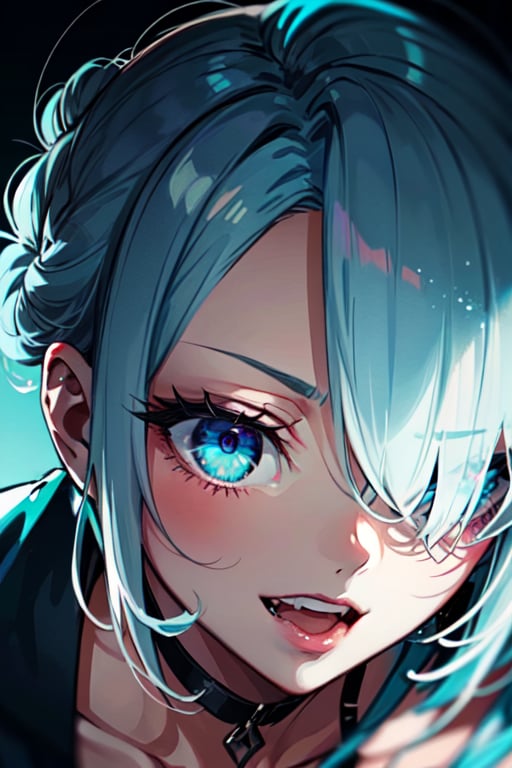 masterpiece, best quality, mature female, vampire, hair behind ear, beautiful detailed eyes, white colored eyelashes, excited, dark_persona, crazy, wide eyed, aqua eyes, asymmetrical bangs, smug, bob cut, hair over one eye, braided bun, mature, side braid, light blue hair, 