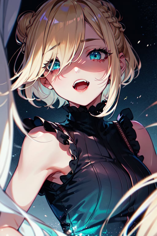 masterpiece, best quality, mature female, vampire, hair behind ear, beautiful detailed eyes, white colored eyelashes, excited, dark_persona, crazy, wide eyed, aqua eyes, asymmetrical bangs, smug, blonde hair, bob cut, hair over one eye, braided bun, mature, side braid, 