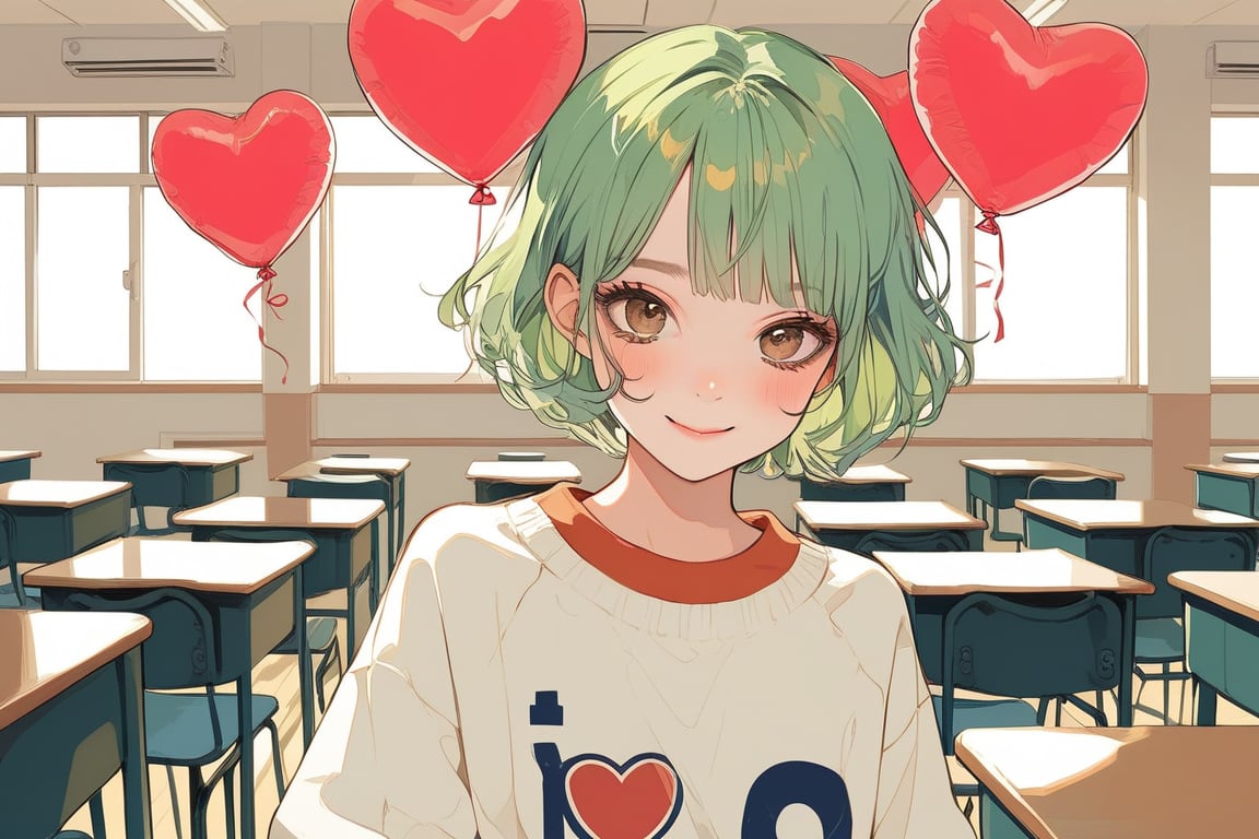 Aesthetic art,2d,dal-3, 1girl, solo,short bob cut hair, 

green hair, blunt bangs,  Korean-style youthful clothing,University sweatshirt, , 
brown eyes, makeup, game print, absurdres,classroom scene,There are many heart-shaped balloons nearby,gentle,happy

