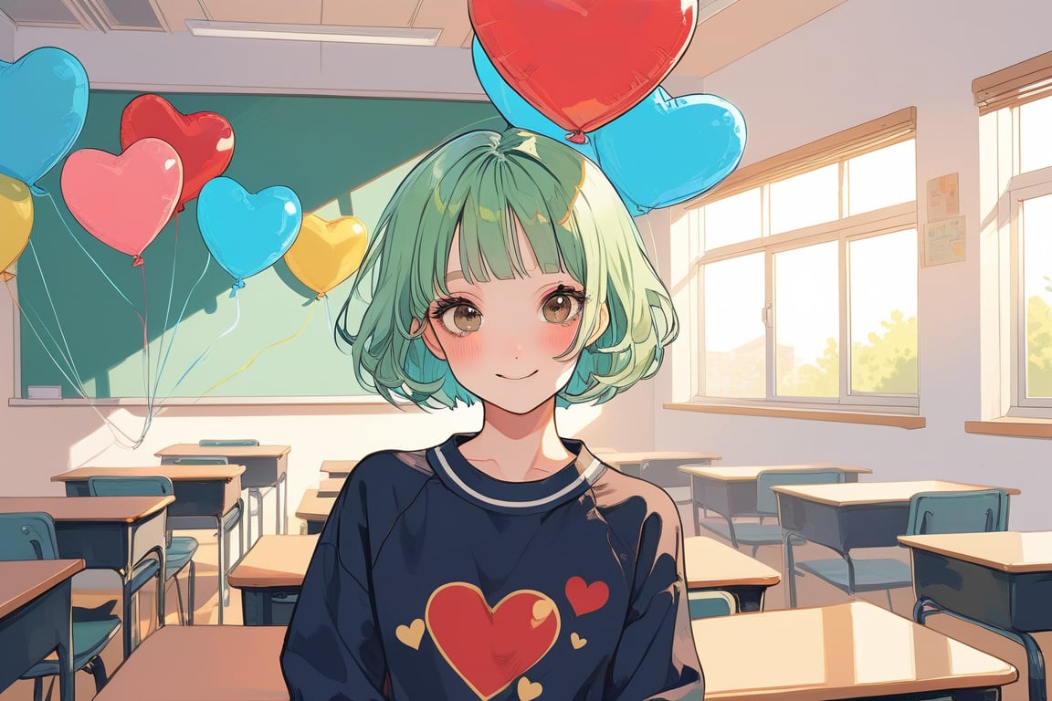 Aesthetic art,2d,dal-3, 1girl, solo,short bob cut hair, 

green hair, blunt bangs,  Korean-style youthful clothing,University sweatshirt, , 
brown eyes, makeup, game print, absurdres,classroom scene,There are many heart-shaped balloons nearby,gentle,happy

