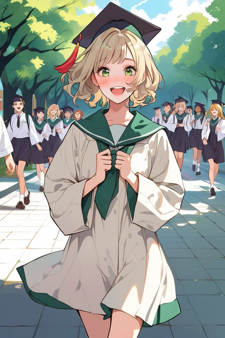 Aesthetic art,2d,dal-3, 1girl, solo,makeup, game print, absurdres,college graduation gown,

Hair color: Ash blonde, Hair style: Medium-length hair, Hair cut: Bangs, Eye color: Green, Expression: Cheerful, Mood: Excited, School scene: Campus walkway