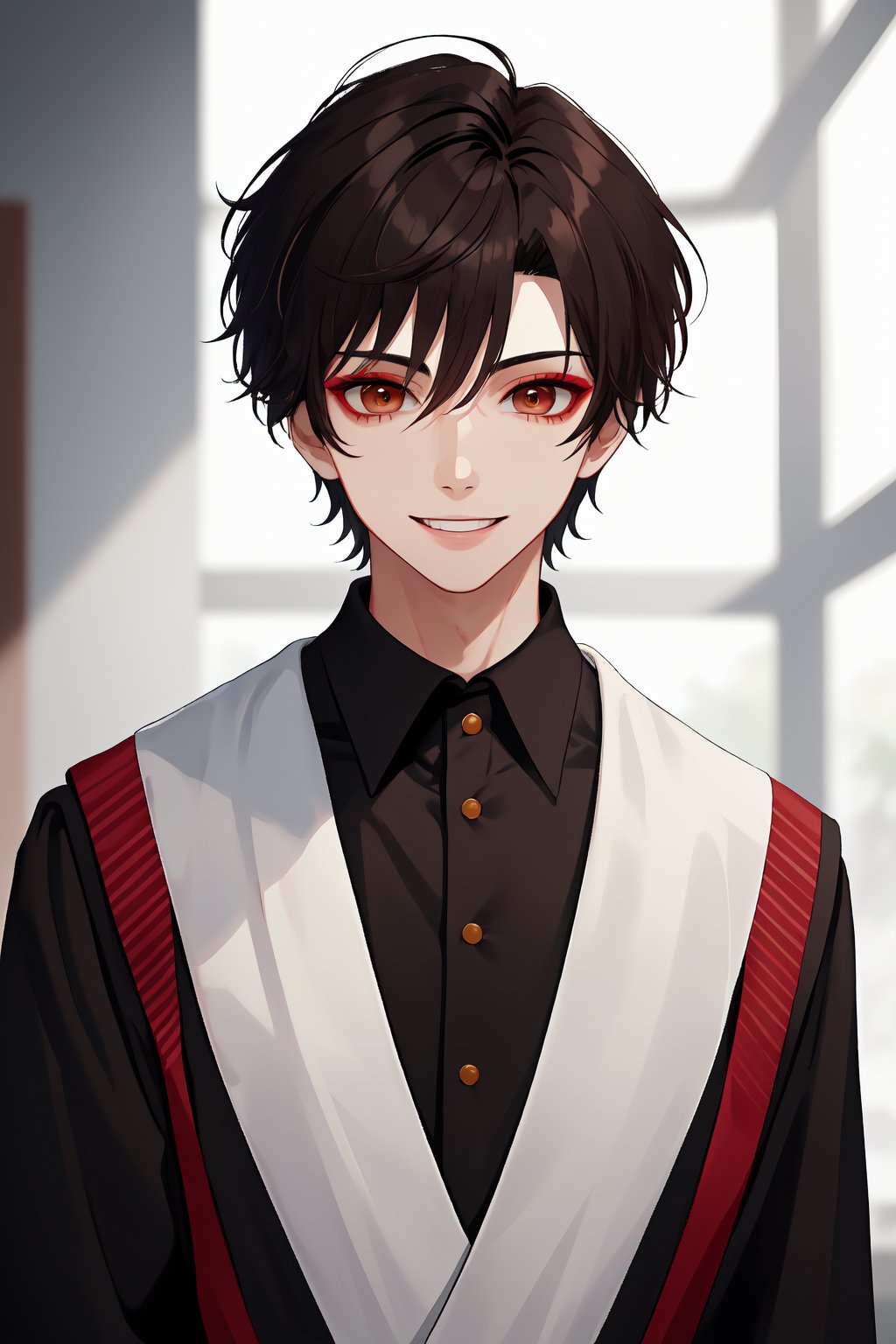 Aesthetic art,2d,dal-3, 1boy, solo,makeup, game print, absurdres,college graduation gown,

Hair color: Dark brown, Hair style: Short hair, Haircut: Crew cut, Eye color: Brown, Expression: Smile, Mood: Happy, School scene: Student canteen