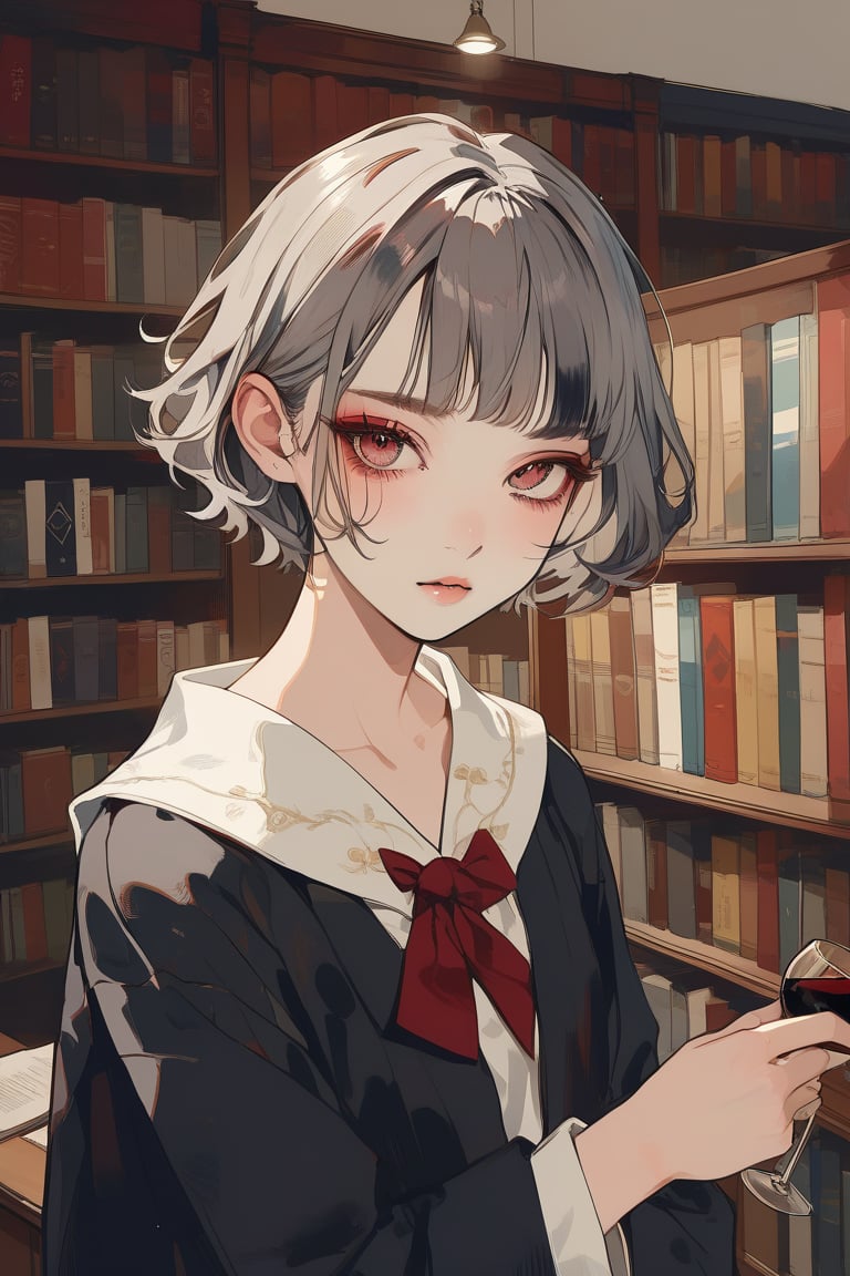 Aesthetic art,2d,dal-3, 1girl, solo,makeup, game print, absurdres,college graduation gown,

Hair color: Wine red, Hair style: Short hair, Hair cut: Ear-length short hair, Eye color: Gray, Expression: Quiet, Mood: Calm, School scene: Library