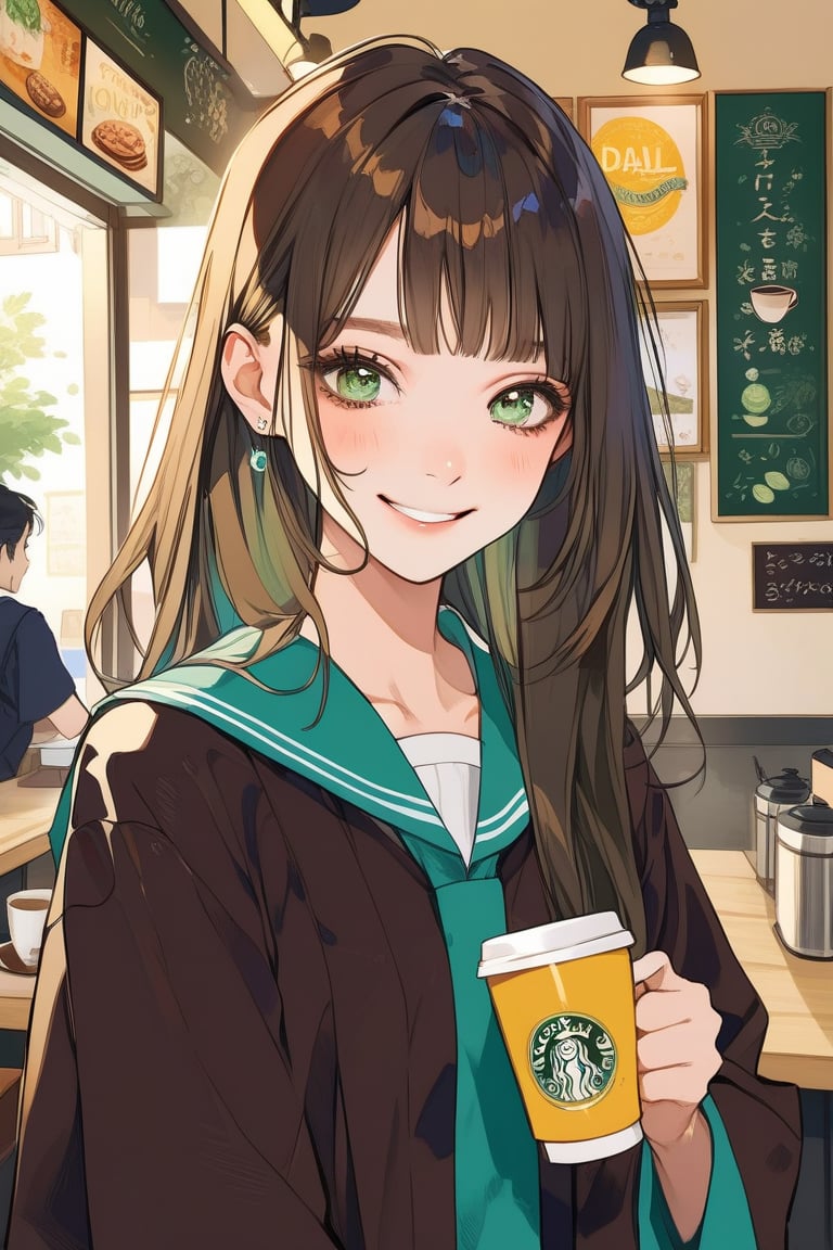 Aesthetic art,2d,dal-3, 1girl, solo,makeup, game print, absurdres,college graduation gown,

Hair color: Dark brown, Hair style: Straight hair, Hair cut: Long straight hair, Eye color: Green, Expression: Smile, Mood: Happy, School scene: Coffee shop