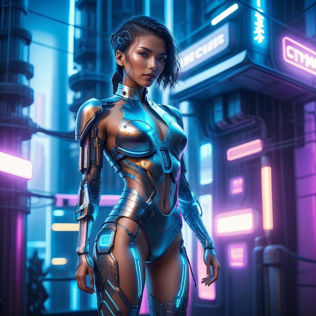 A futuristic cyberpunk cityscape background with neon lights, a model wearing a metallic cyberpunk bikini, striking a confident pose, dynamic lighting highlighting the intricate details of the outfit.