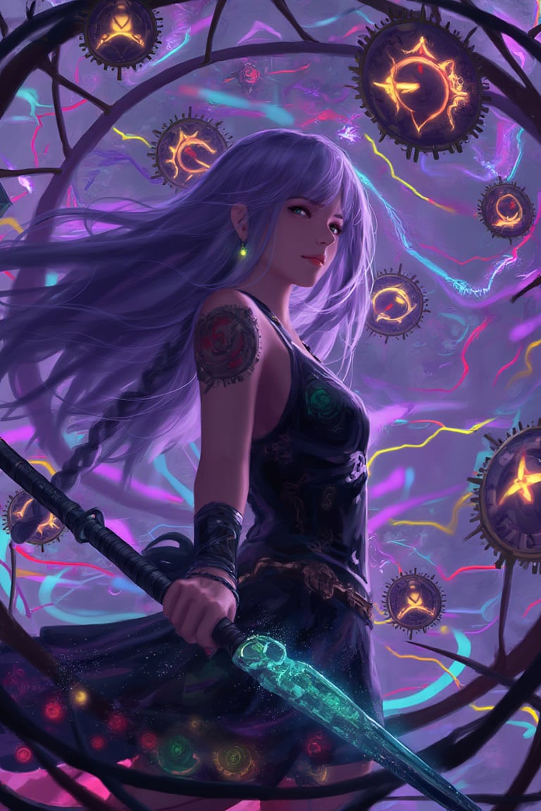 A mesmerizing scene unfolds: a single girl, her lavender hair flowing like a river, casts an arcane spell amidst swirling clock faces and rainbow aura. Glowing eyes pierce through the darkness as she summons floating gears and clockwork tattoos. Energy ribbons and multicolored light trails dance around her, as she wields a magical staff within a warped reality. The background twists and distorts, reflecting the fractured time and broken clocks that surround her. Vibrant colors from cosmic galaxies blend with psychedelic hues, creating a surreal landscape of shifting perspectives and portals. The girl's sharp eyes sparkle with a knowing smile, surrounded by neon lights and an ethereal glow. Her skin glows with an otherworldly intensity as sparks of magic erupt around her. Digital art textures are highly detailed, with ambient occlusion adding depth to this trippy time vortex of shifting dimensions.