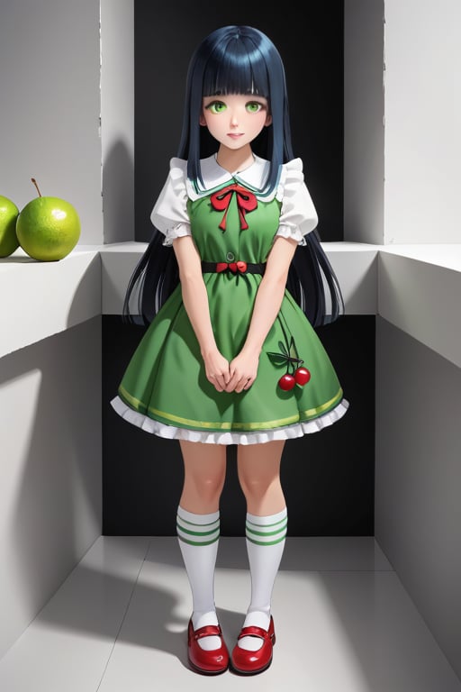 an standing  8 years old girl in a ((lime green dress with a cherry image on  it)),  a shy expression on her face, which has her ((eyes covered by her hair bangs)), her ((medium long hime cut hair)) is a dual color dark blue and light blue, she is quite cute and has knee high socks and cute shoes, cute dress, 2.5D, 
masterpiece, 