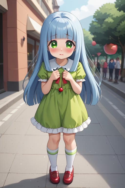 an standing  8 years old girl in a ((lime green dress with a cherry image on  it)),  a shy expression on her face, with (((eyes covered by her hair bangs))), her ((messy medium long hime cut hair)) is a dual color dark blue and light blue, she is quite cute and has knee high socks and cute shoes, cute dress, 2.5D, shy, 
masterpiece, 