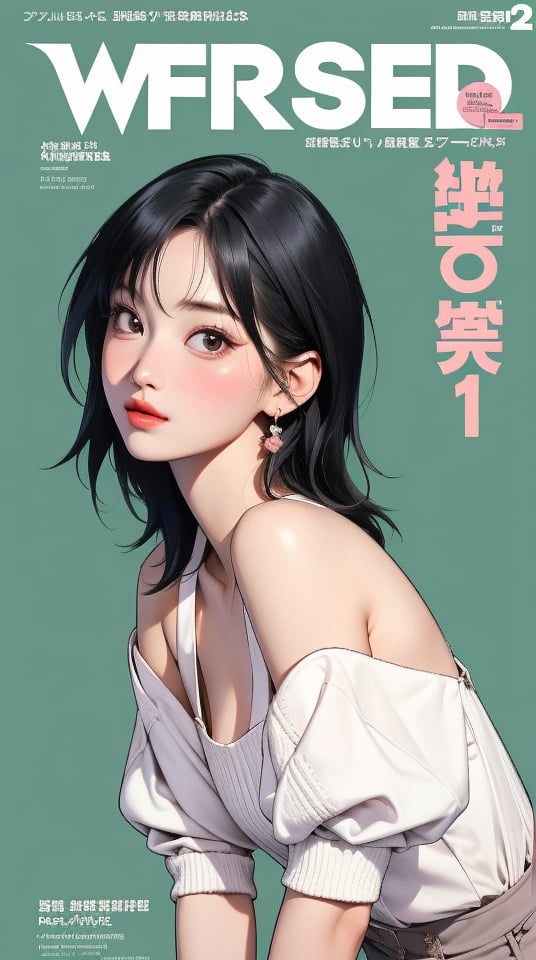 (1girl, thigh up body, right side view positon, looking at viewer, blush, face focus ) styled clothes, outline, earings, different hairstyle, magazine cover, green background, ultra detailed, best quality, sharp focus, momo twice,momo