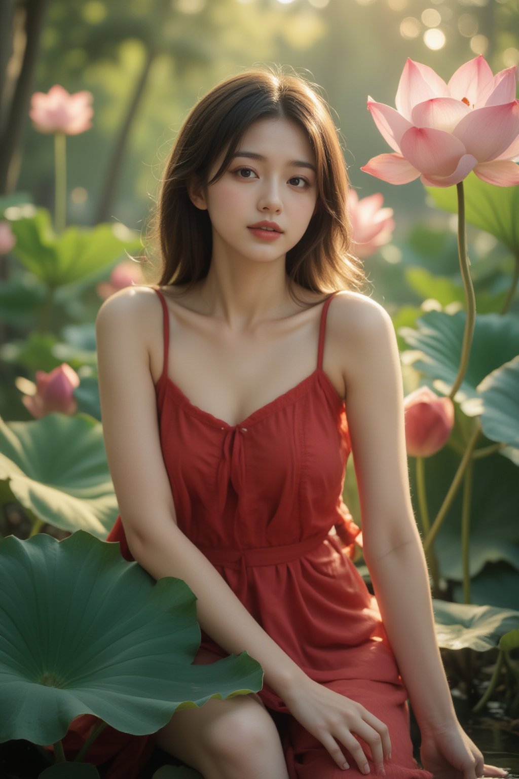 A serene and idyllic scene unfolds as a lovely japanese girl, dark hair sits poised on a lotus leaf, surrounded by lush water crimson lotus, wearing red dress. The camera captures her gentle smile and playful pose, with the pear blossoms framing her features. Soft, warm sunlight filters through the misty air, casting a soft glow over the tranquil setting, soft sunlight shine her face. Realistic Photo. different image