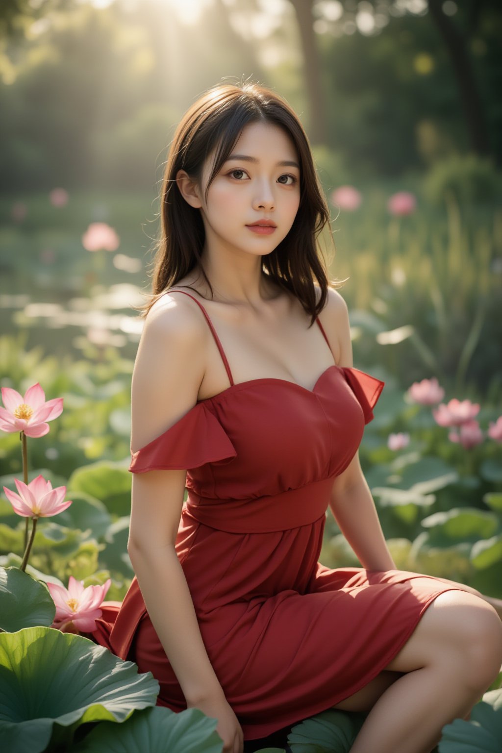 A serene and idyllic scene unfolds as a lovely japanese girl, dark hair sits poised on a lotus leaf, surrounded by lush water crimson lotus, wearing red dress. The camera captures her gentle smile and playful pose, with the pear blossoms framing her features. Soft, warm sunlight filters through the misty air, casting a soft glow over the tranquil setting, soft sunlight shine her face. Realistic Photo. different image