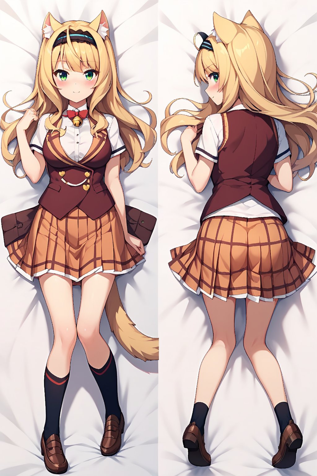 score_9, score_8_up,score_6_up, score_5_up, score_7_up,score_4_up,1 girl,underpants,((cat tail)),maple, long hair, blonde hair, animal ears, green eyes, ahoge, cat ears,, animal ear fluff, cat girl,full body,dakimakura,skirt, shirt, school uniform, white shirt, short sleeves, pleated skirt, hairband, vest, plaid, bell, plaid skirt, jingle bell, neck bell, orange skirt,blush,((2 shots in front and behind)),(dakimakura,2strips,left is from front,right is from behind,:1.3)