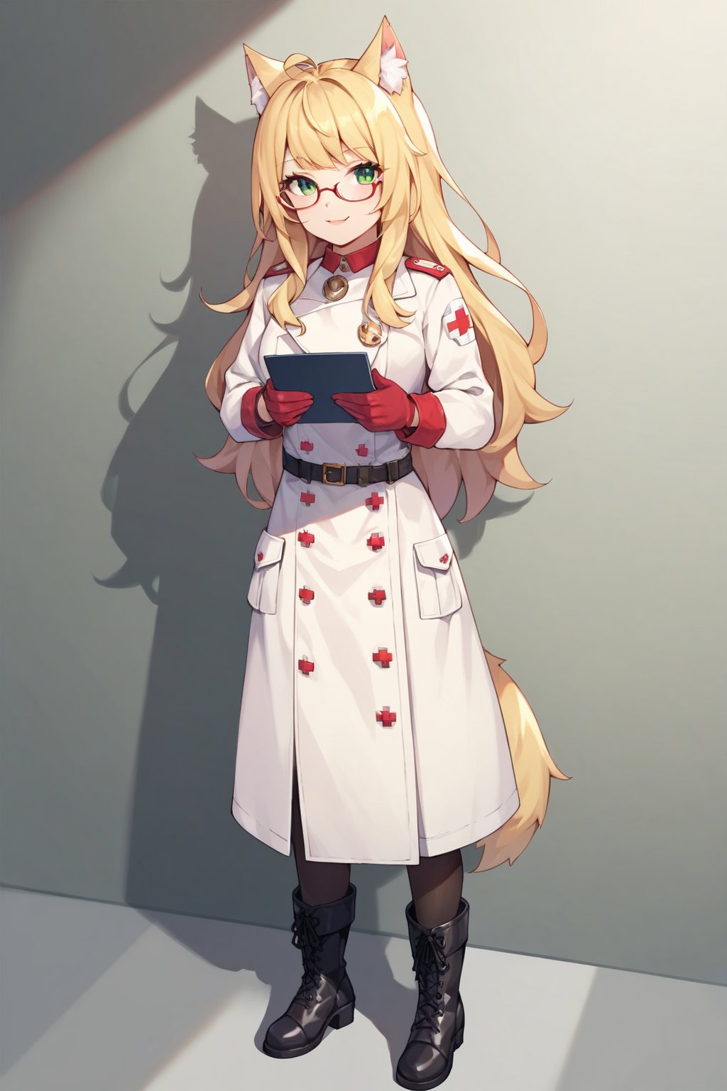 score_9, score_8_up,score_6_up, score_5_up, score_7_up,score_4_up,1 girl,maple, long hair, blonde hair, animal ears, green eyes, ahoge, cat ears, animal ear fluff, cat girl, solo, boots, gloves, red gloves, glasses, full body, black footwear, holding, uniform, pants, military, standing,medic,white trench coat