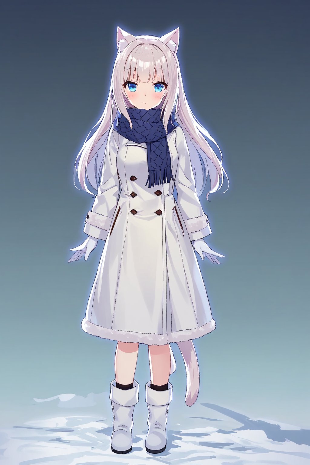 nekopara,1 girl,cat ears,cat tail, soft silver white long hair, slender shoulders, clear blue eyes, ice and snow, gentle yet slightly melancholic eyes, red cheeks, cold weather, knee long white plush coat, soft and loose hem, light footprints, snow, large dark blue knitted scarf, lower half of face, delicate nose and eyes, beige velvet gloves, slender and elegant fingers, snow boots, light gray suede uppers, thick non slip rubber soles, warm, comfortable, elegant