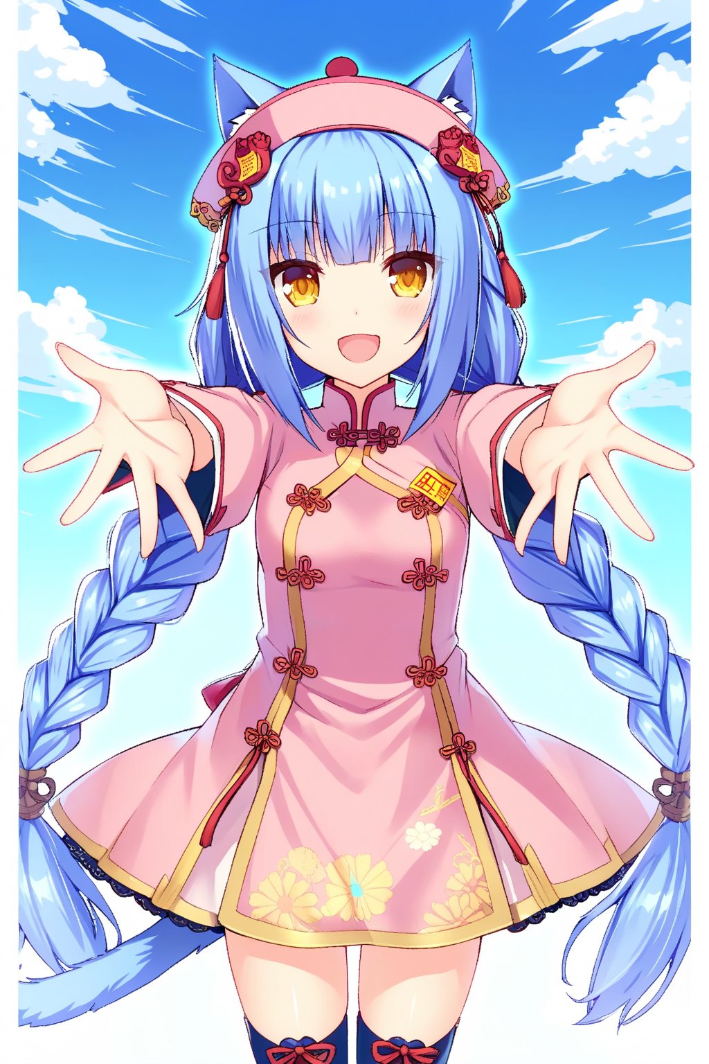 nekopara, 1 girl,cat ears,cat tail,long hair, looking at viewer, smile, open mouth, thighhighs, long sleeves, hat, blue hair, yellow eyes, braid, sky, cloud, wide sleeves, twin braids, chinese clothes, outstretched arms, ofuda, 