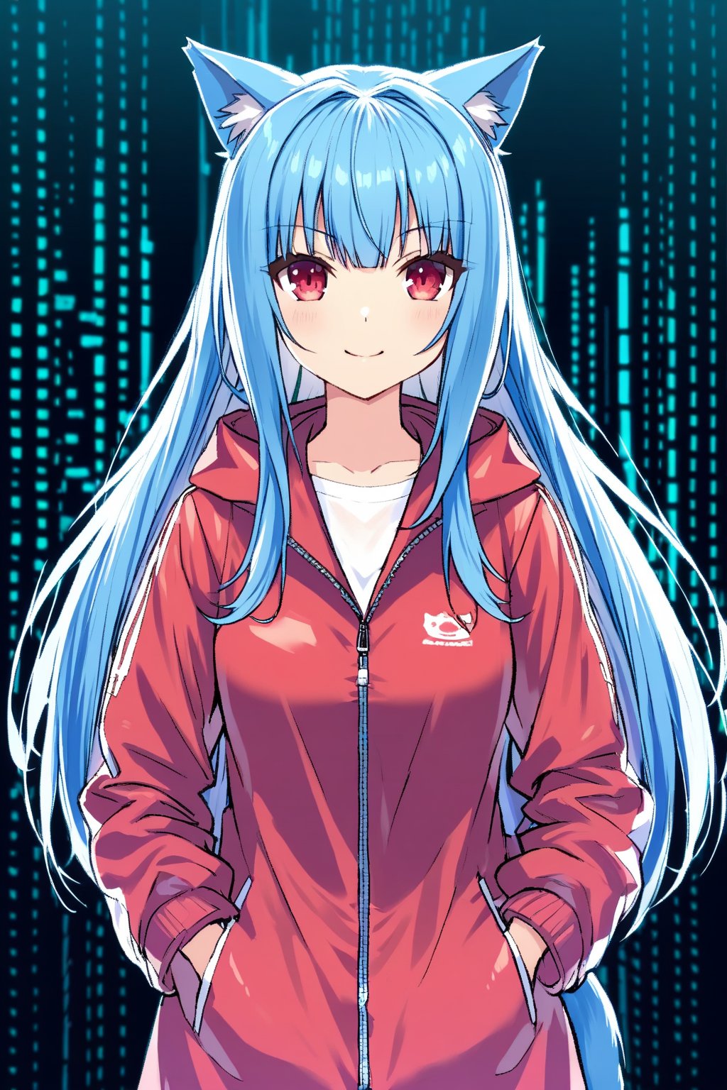 nekopara,1 girl,cat ears,cat tail,red eyes,red coat,inner cyan coat,windbreaker,blue hair,long hair,fake smile,cyberpunk background,