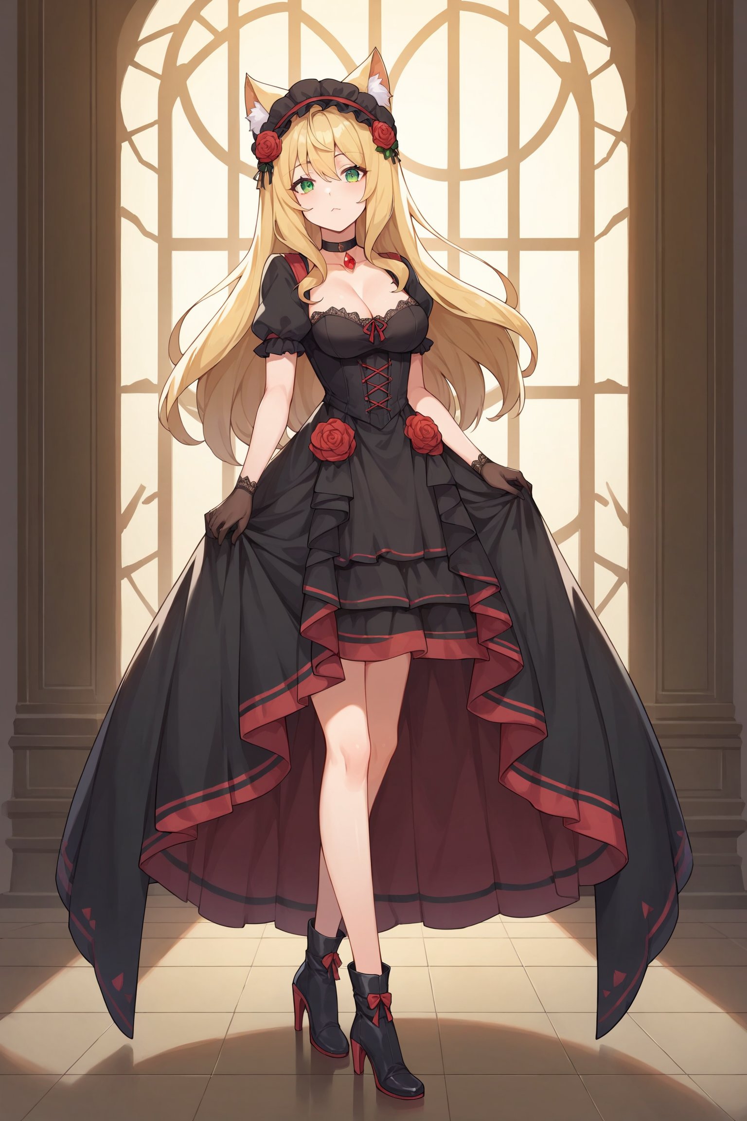 score_9, score_8_up, score_7_up, source_anime,score_6_up, score_5_up, score_4_up,full body,maple, long hair, blonde hair, animal ears, green eyes, ahoge, cat ears, animal ear fluff, cat girl,wears a black lace dress with a fitted bodice and a full, layered skirt that reaches the floor. The dress has intricate embroidery and is accessorized with a corset. She wears black lace gloves and a choker with a red gemstone. Her boots are high-heeled and made of black leather. A small, intricate bonnet with black feathers sits atop her head.