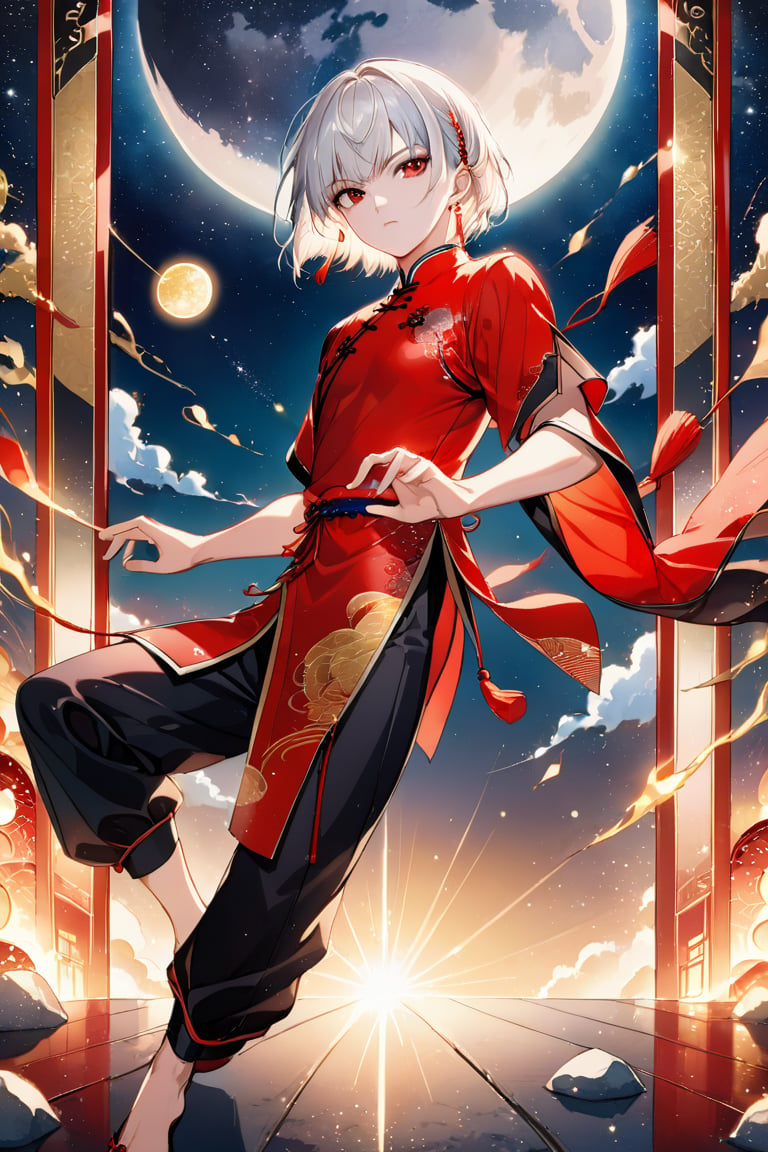 Looking at the viewer,
Japanese comics, light color, masterpiece, boutique, aesthetic, tarot cards,
(1boy, solo, white hair, short hair, bangs, white shot hair, red chinese earring, dark cheongsam, ) ,
 (model picture), (full body),Chinese martial arts master, fighting stance, 
 perfect hands, night, moon, starry sky,
 Milky Way starry sky watercolor background \(center\), very detailed,
lens flare, glitter, glint, light particles,