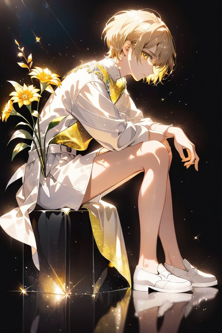 bottom up shot/angle, 
1boy, solo,right side, holding a yellow flower, sitting, from the side, looking at viewer,
 short hair, bangs, sad, 
, wear white cool clothes, (model picture), (full body), perfect hands, perfect legs,
flowers in back, black background, 
profile, lens flare, glass art, glitter,  glint,  light particles,