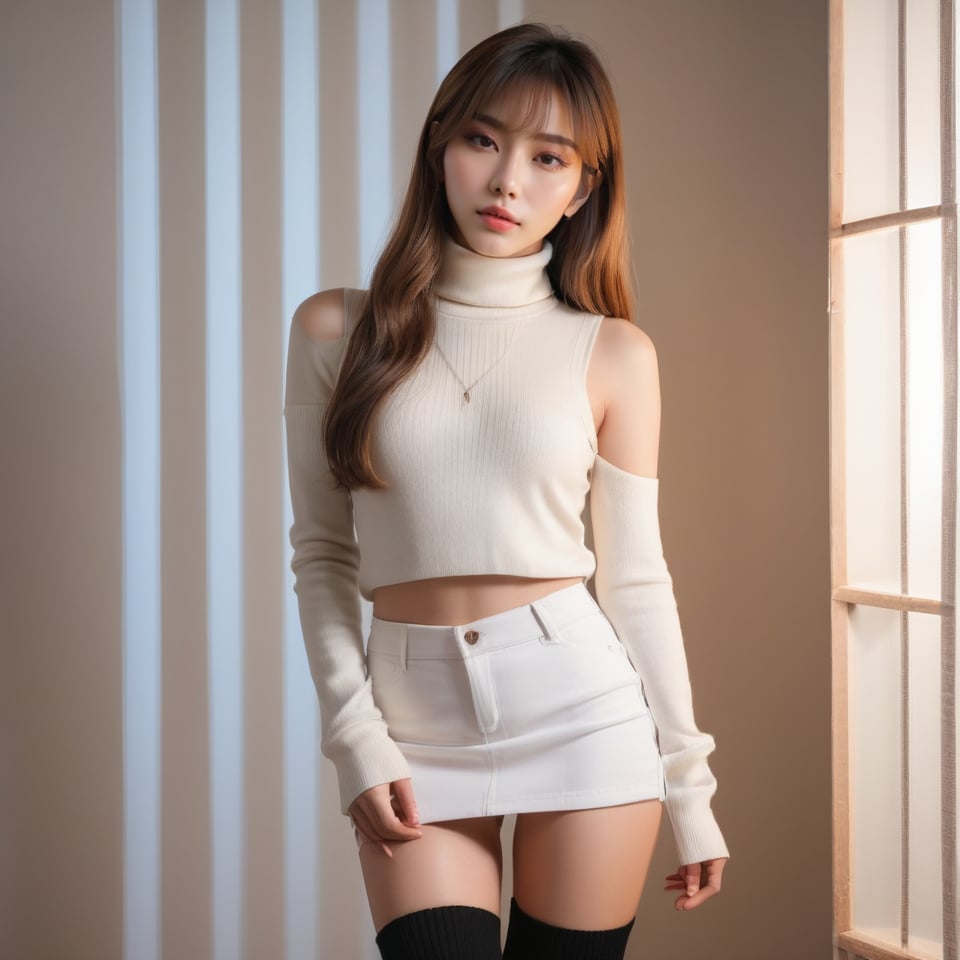 (eroticism: 1.3), 1 person, Korean kpop female, 20 years old, mysterious beautiful girl, delicate features, light brown hair, straight long hair, hanging hairstyle, (parting, bangs: 1.45), dynamic pose, (white turtleneck sleeveless knit sweater, bodycon cargo miniskirt), long boots, full moon night, bedroom, soft focus, excessive overexposure,
Airy Photo, Artstation Trend, (Full Body Portrait, Full Body Esbian),